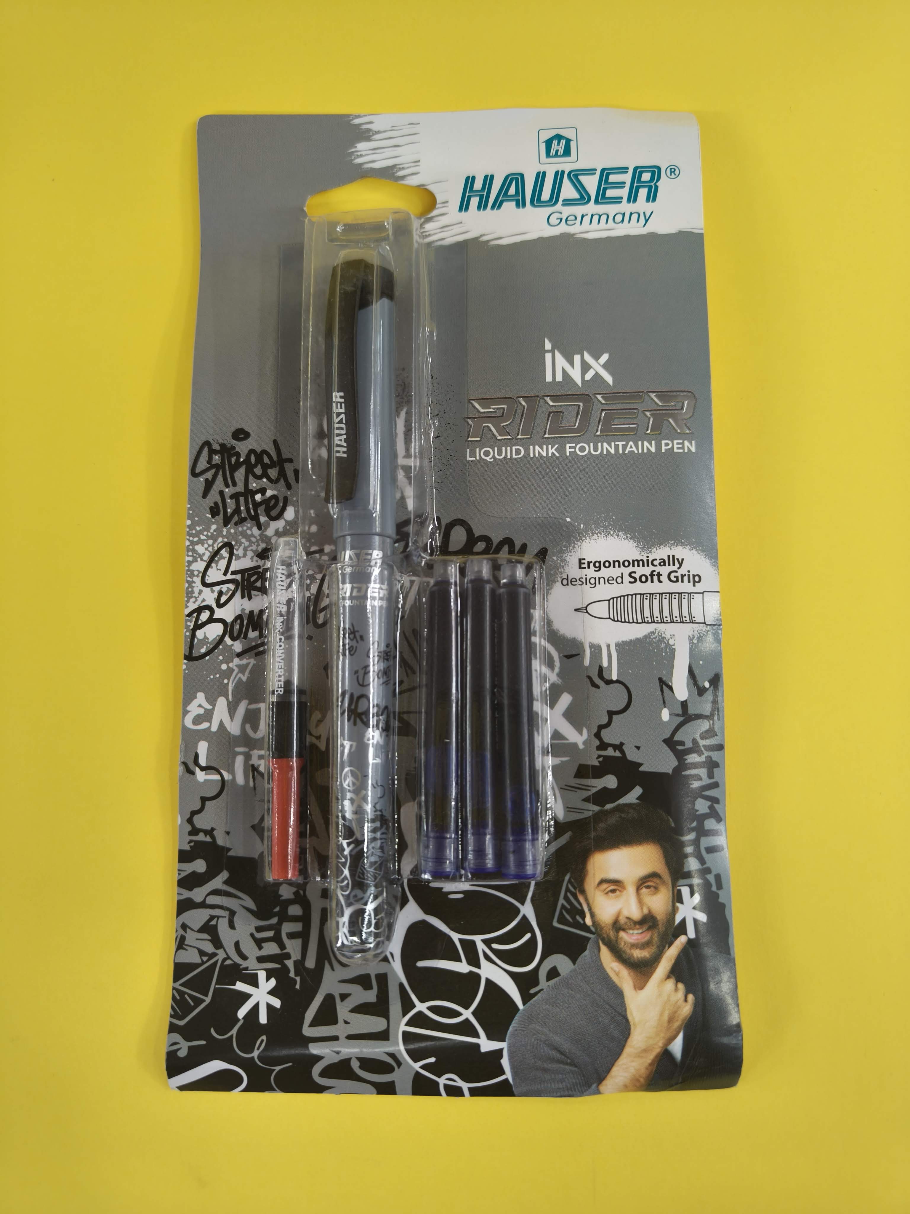Hauser Inx Rider Liquid Ink Fountain Pen with 3 Jumbo Ink Cartridge and 1 Ink Converter | Smooth Cushioned Nib With Iridium Tip | Comfortable Rubber Grip