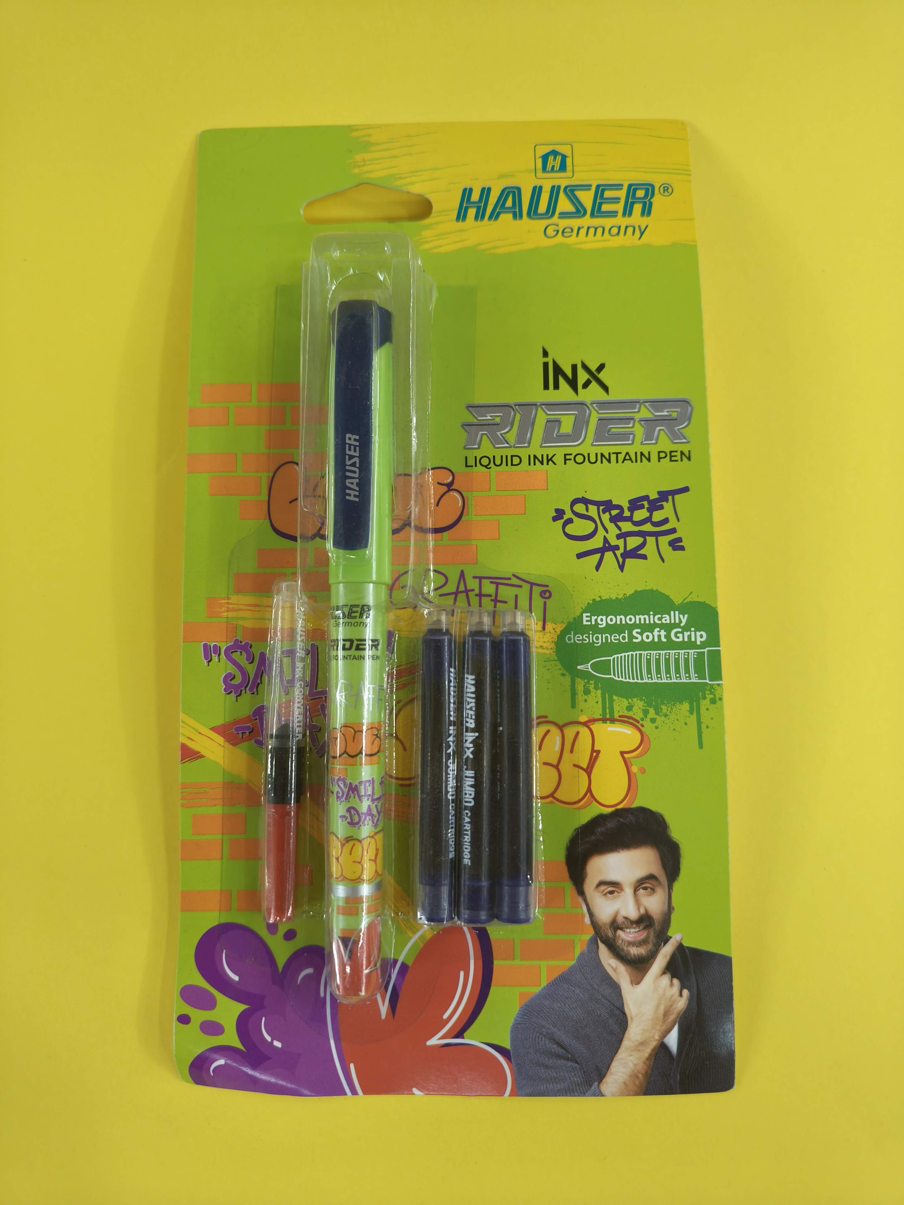 Hauser Inx Rider Liquid Ink Fountain Pen with 3 Jumbo Ink Cartridge and 1 Ink Converter | Smooth Cushioned Nib With Iridium Tip | Comfortable Rubber Grip