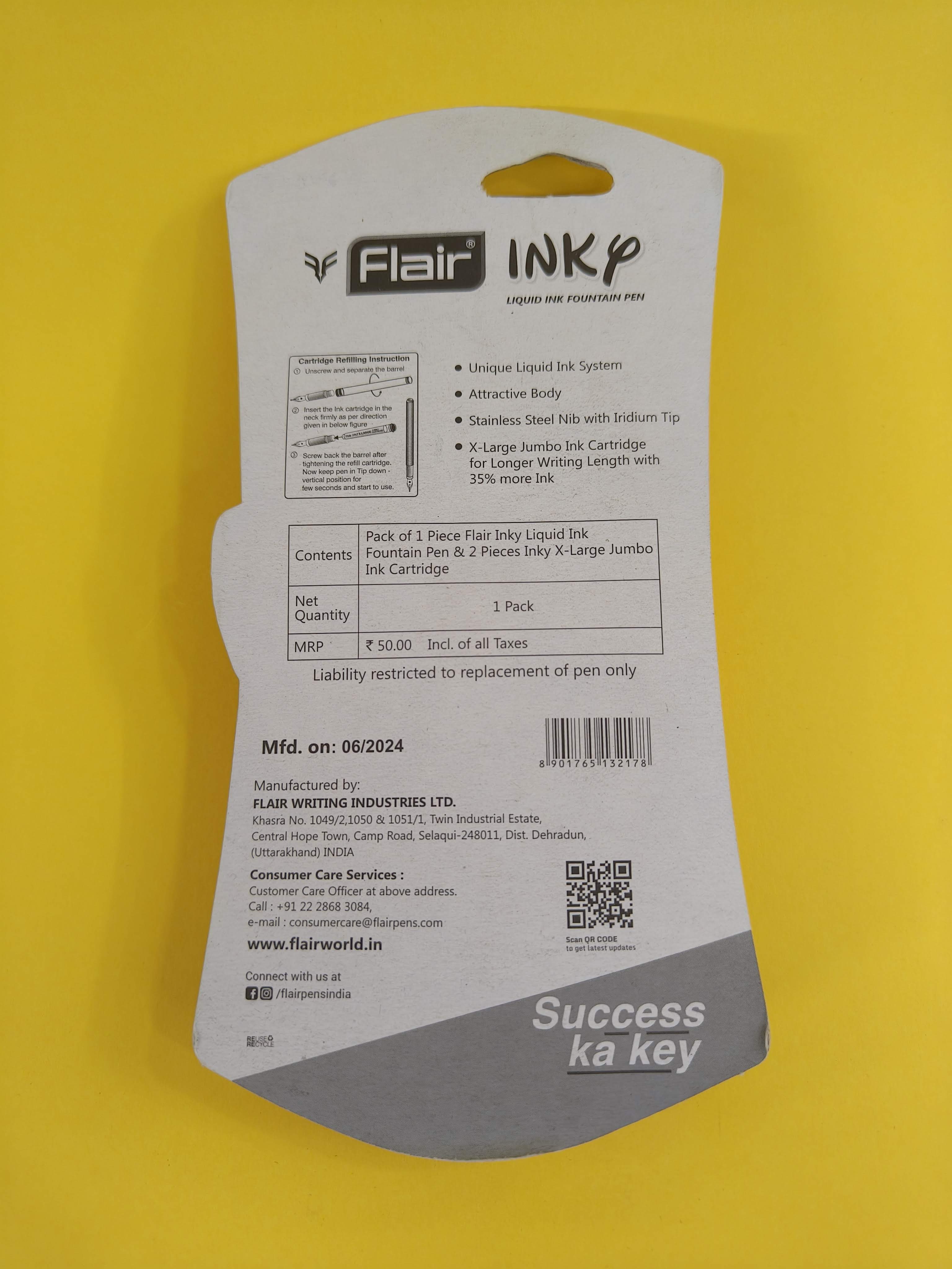 Flair Inky Liquid Ink Fountain Pen & 2 Pieces Inky X-Large Jumbo Ink Cartridge (Pack of 2)