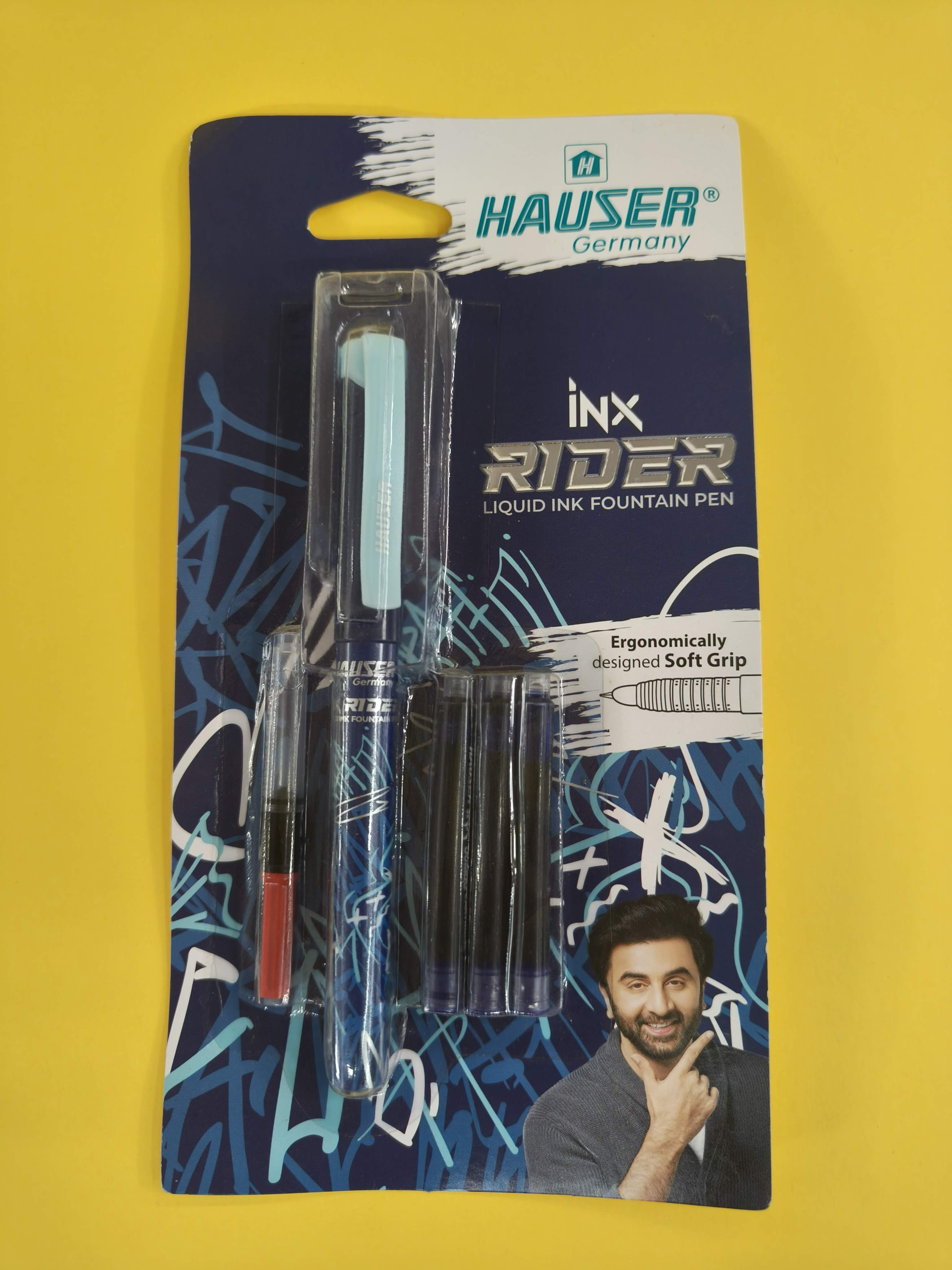 Hauser Inx Rider Liquid Ink Fountain Pen with 3 Jumbo Ink Cartridge and 1 Ink Converter | Smooth Cushioned Nib With Iridium Tip | Comfortable Rubber Grip