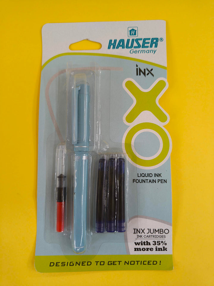 Hauser Germany Inx Fountain Pen | Ergonomic Soft Grip | Liquid Ink | Pack of 2 | Ink Color-Blue | Random Colour