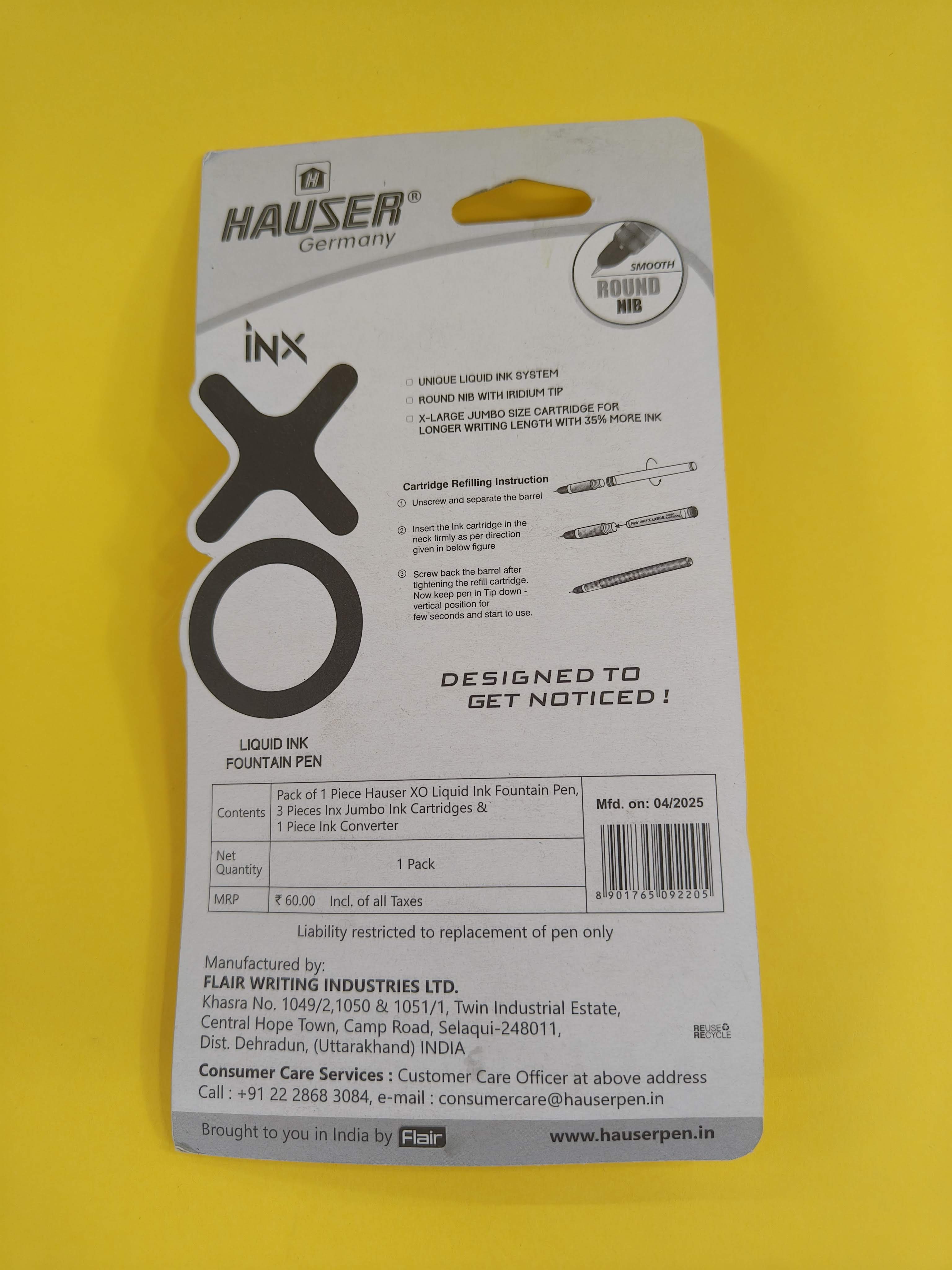 Hauser Germany Inx Fountain Pen | Ergonomic Soft Grip | Liquid Ink | Pack of 2 | Ink Color-Blue | Random Colour