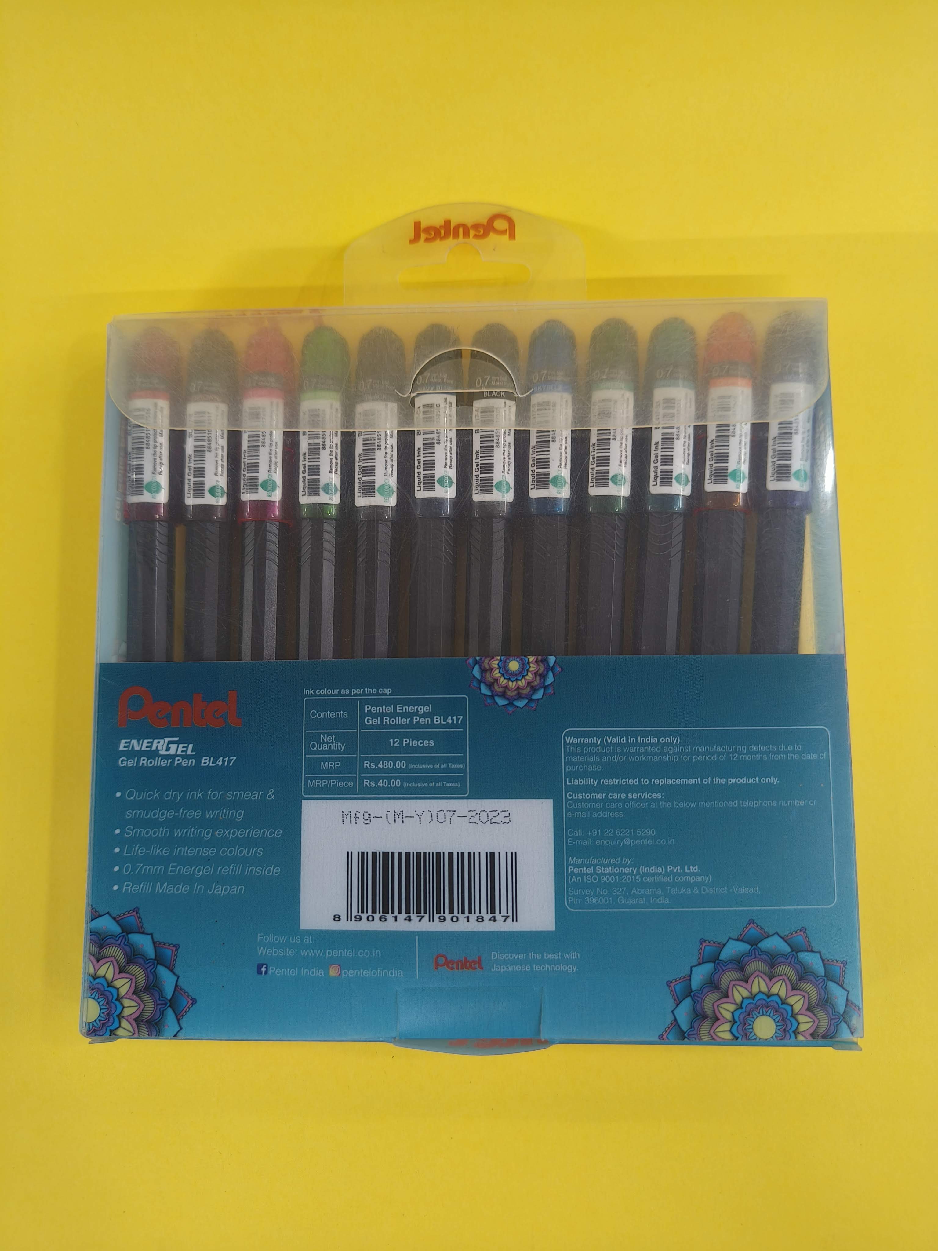 Pentel Energel 0.7mm Metal Tip Roller Gel Pen Set - Pack of 12 (Multicolour)