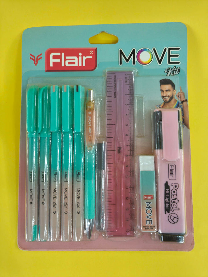 Flair MOVE Writing Stationery Kit | A Complete Writing Kit | Gift Set for Kids Students & Office | Combination Set of 10