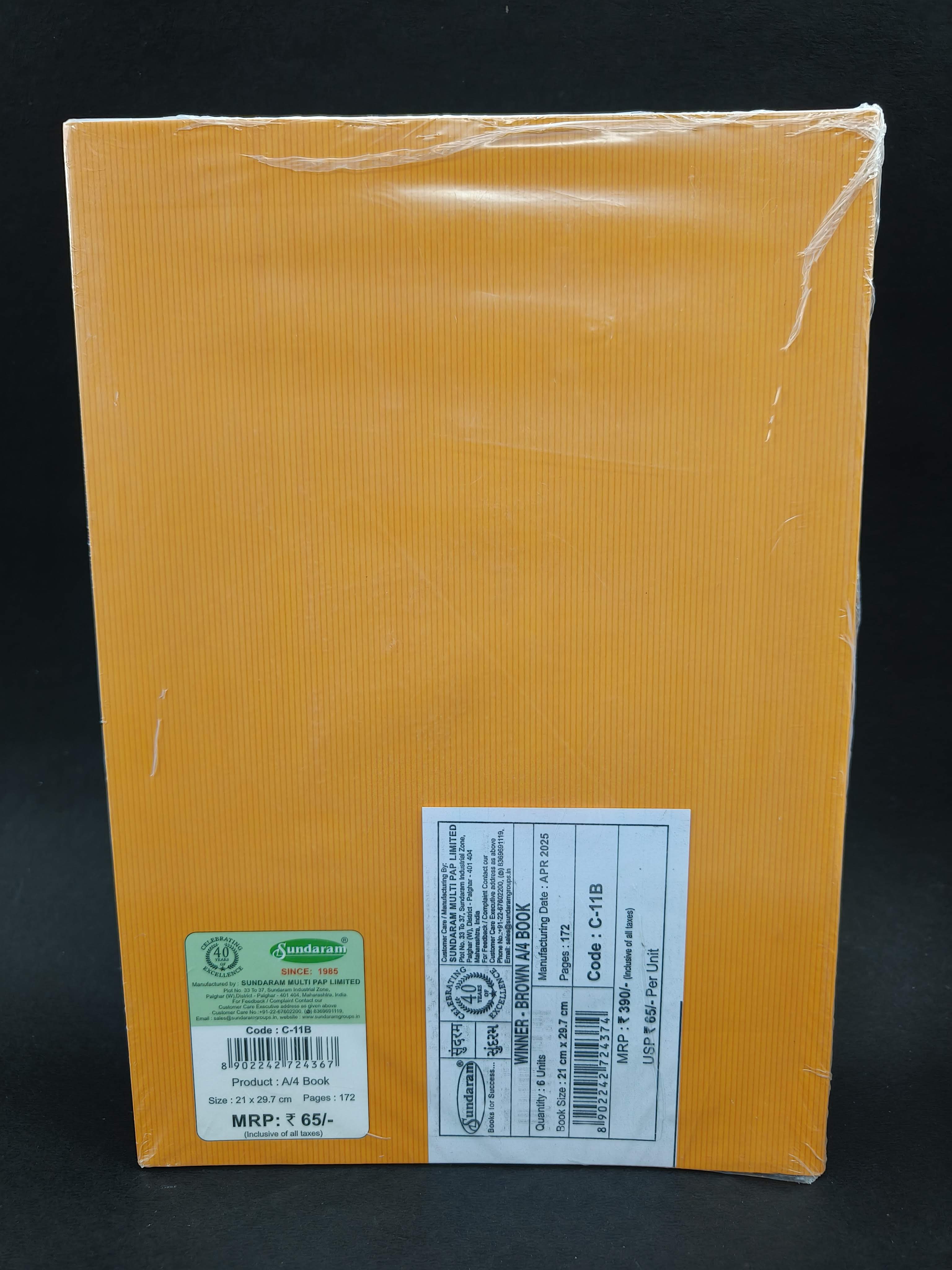 172 Pages A4 Sundaram Brown Long Book | A4 Brown Long Book | Soft Bound | 172 Pages | 21 x 29.7 cm | Single Line | Pack of 6