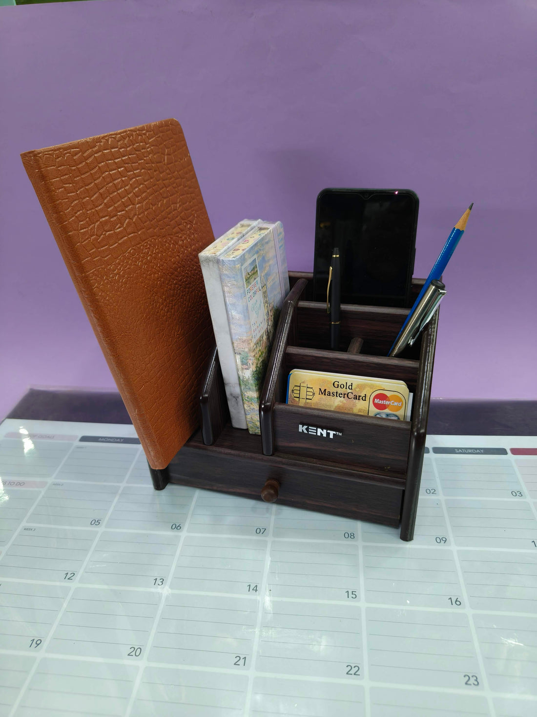 Pen Stand | Wood | Desk organiser with Drawer | Multi-Compartment Pen holder | Brown | Pack of 1