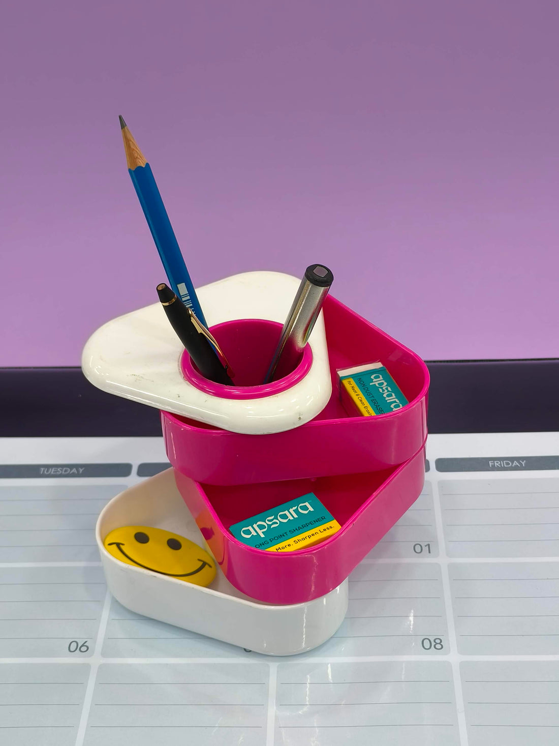 Triangular Rotating Pen Stand | Desk Organizer 3 Compartments Plastic Pen Stand | Plastic Stand for Office Table | Stationary Organizer