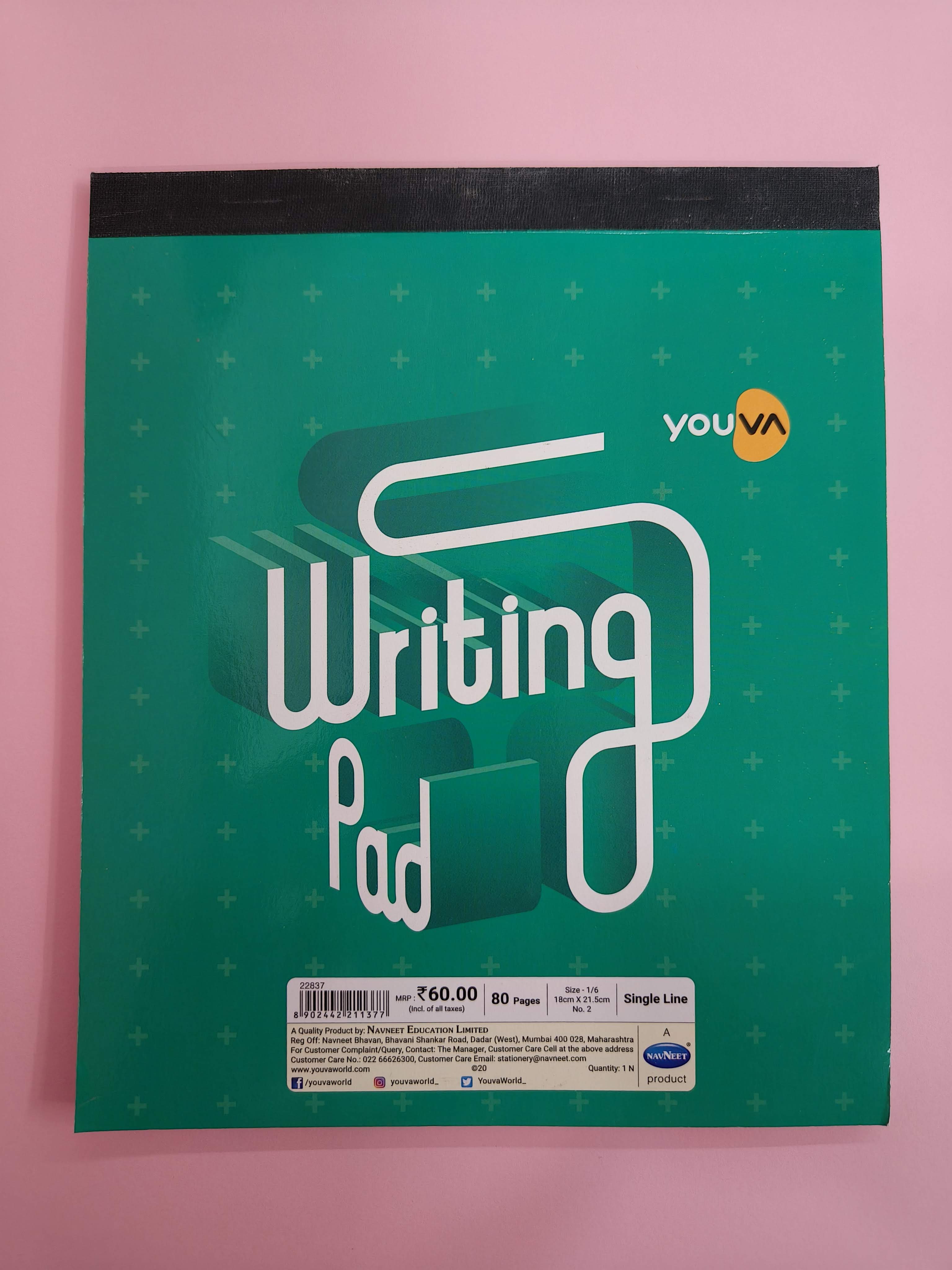 YOUVA Navneet Writing Pad | Size No. 2 (18 x 21.5 cm) | Single Line | 80 Pages | Pack of 3 | Ideal for Offices, Conferences & Corporate Stationery