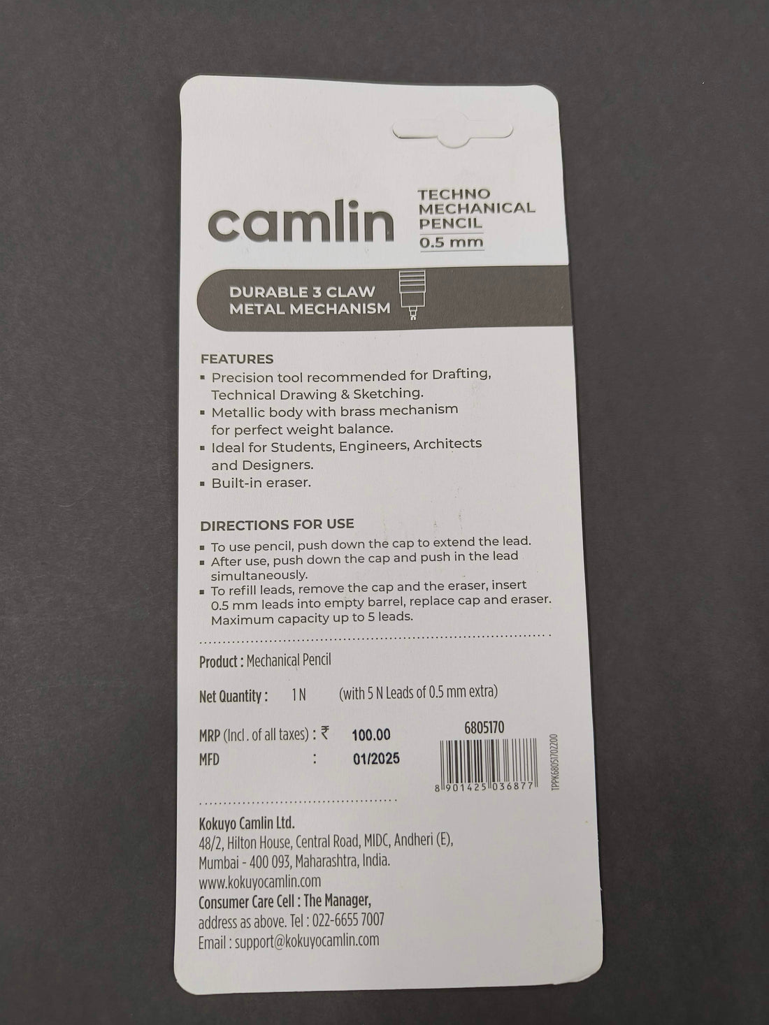 Camlin Kokuyo Techno Exam Mechanical Pencil 0.5 mm – Pack of 1 | Premium Exam Pencil with Dark 0.5mm Lead | Smooth Writing, Precise Grip | Ideal for Board Exams, Competitive Tests, School, Office