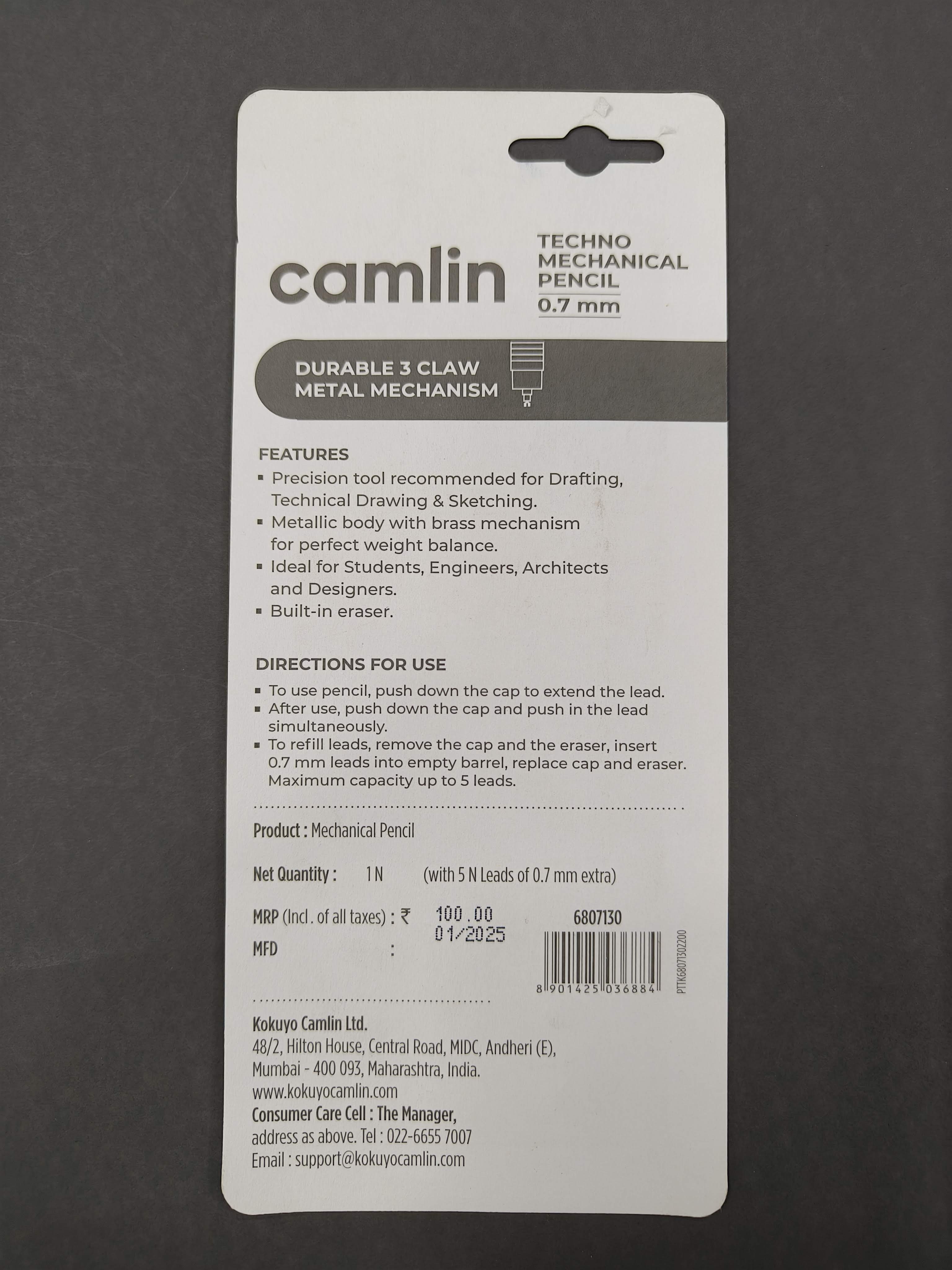 Camlin Kokuyo Techno Exam Mechanical Pencil 0.7 mm – Pack of 1 | Premium Exam Pencil with Dark 0.7mm Lead | Smooth Writing, Precise Grip | Ideal for Board Exams, Competitive Tests, School, Office