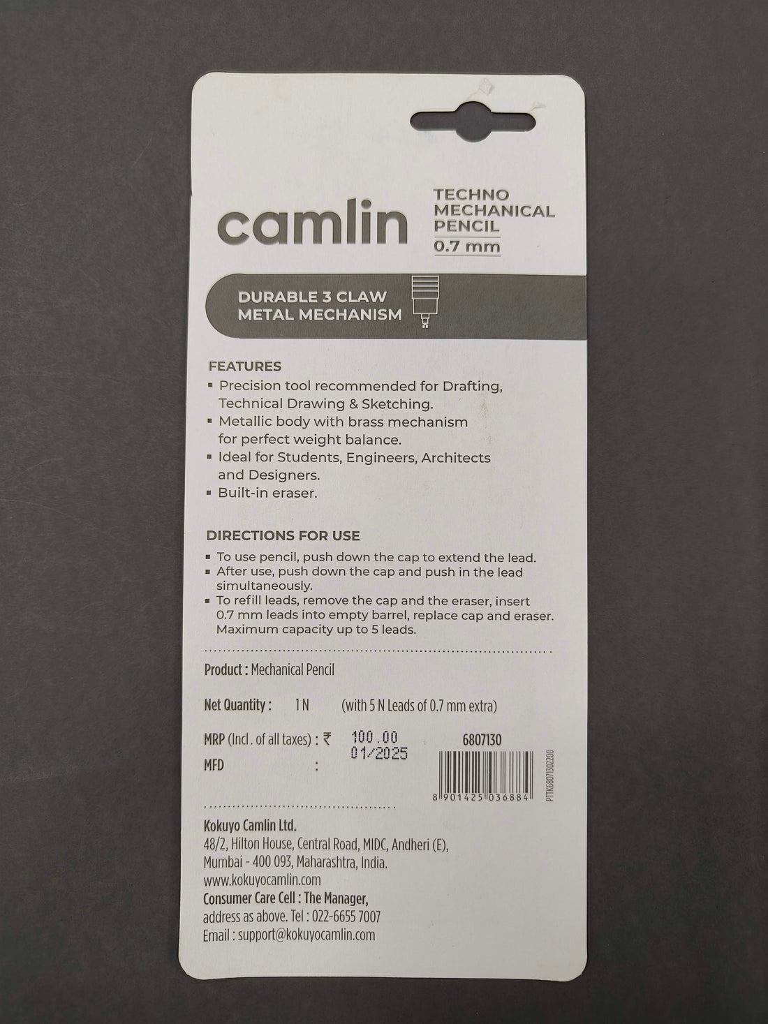 Camlin Kokuyo Techno Exam Mechanical Pencil 0.7 mm – Pack of 1 | Premium Exam Pencil with Dark 0.7mm Lead | Smooth Writing, Precise Grip | Ideal for Board Exams, Competitive Tests, School, Office