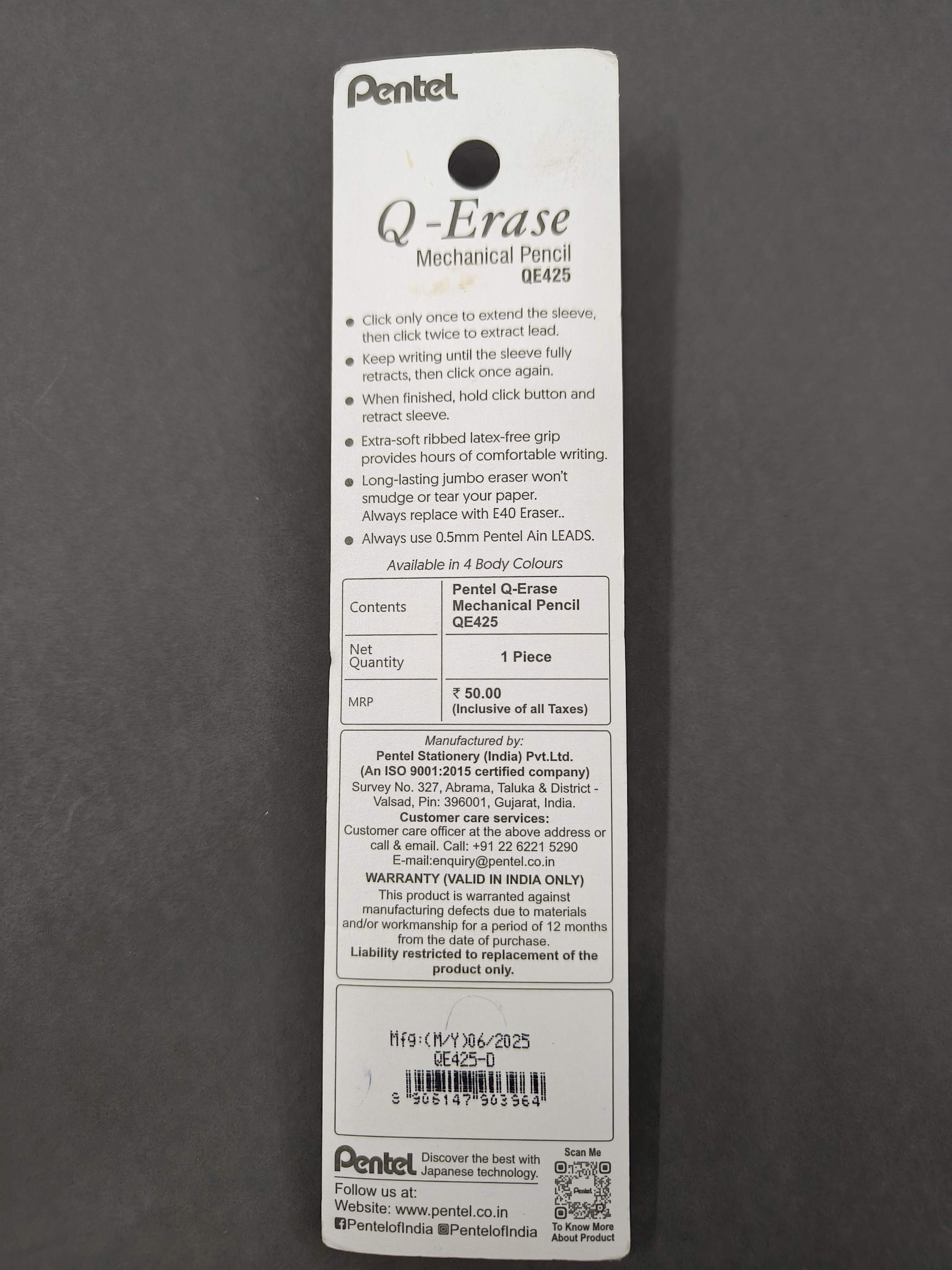 Pentel Q-Erase QE425 Mechanical Pencil | Lead Of Grade HB | Long Lasting Jumbo Eraser With Retractable Mechanism | Ribbed Grip