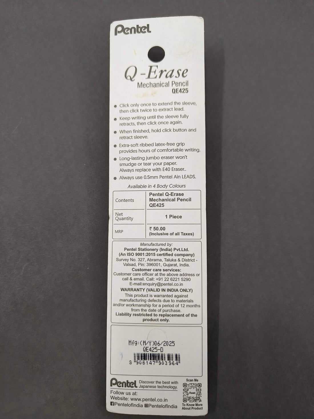 Pentel Q-Erase QE425 Mechanical Pencil | Lead Of Grade HB | Long Lasting Jumbo Eraser With Retractable Mechanism | Ribbed Grip