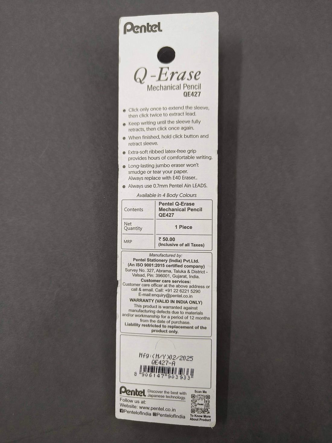 Pentel Q-Erase QE427 Mechanical Pencil | Lead Of Grade HB | Long Lasting Jumbo Eraser With Retractable Mechanism | Ribbed Grip