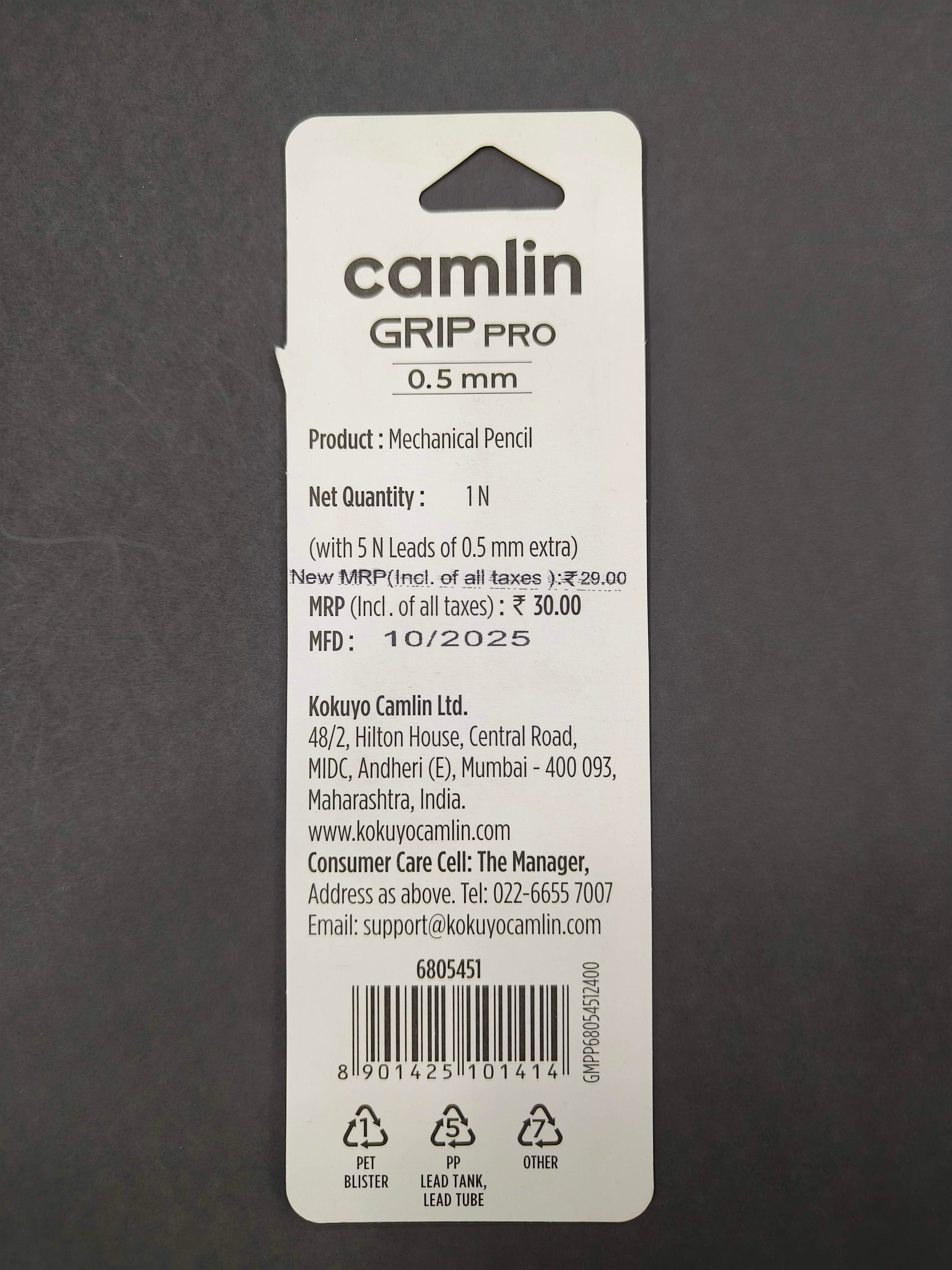 Camlin Grip Pro Mechanical Pencil, 0.5mm Lead Size with 5 Extra Leads Black