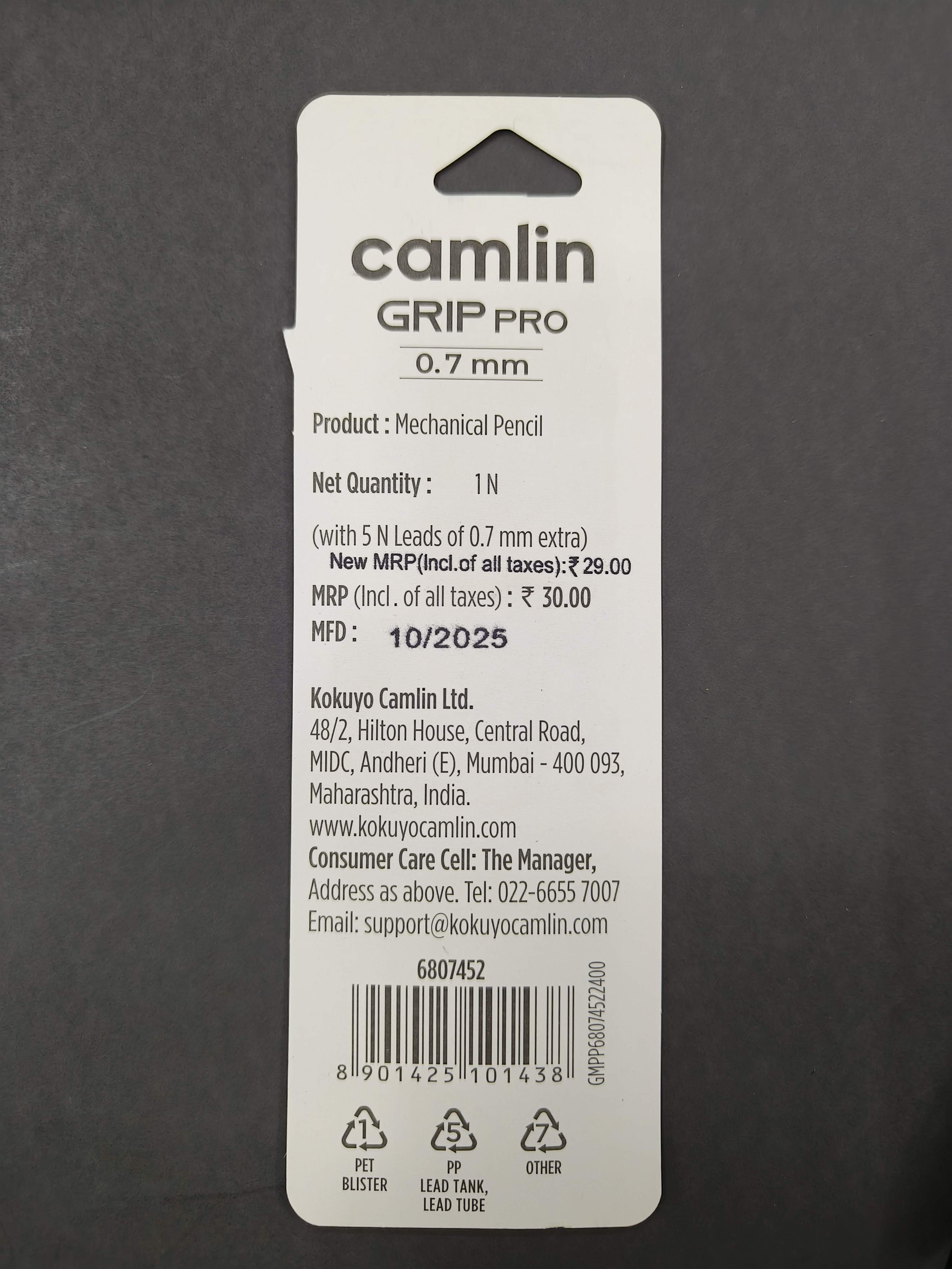 Camlin Grip Pro 0.7mm Mechanical Pencil | 2B Extra Strong & Dark Lead FREE | Comfortable Grip For Long & Smooth Writing | Ideal For Writing, Drawing, Sketching, Shading & Drafting