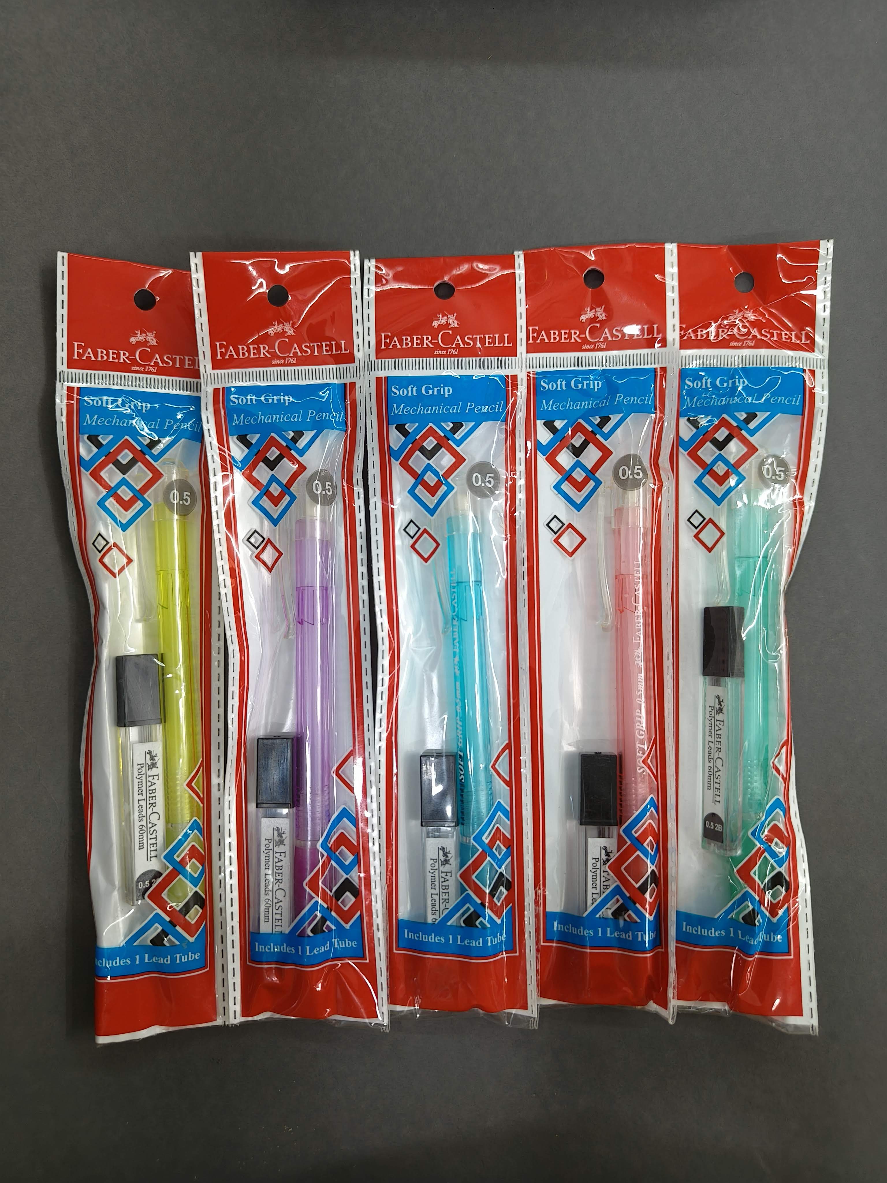 Faber-Castell Soft Grip 0.5 mm Mechanical Pencils | Includes 1 Lead Tube With 5 Leads With Each Black Pencils Pack | Extra Long Twist Eraser | Triangular Barrel For Easy Grip (Assorted Colour)