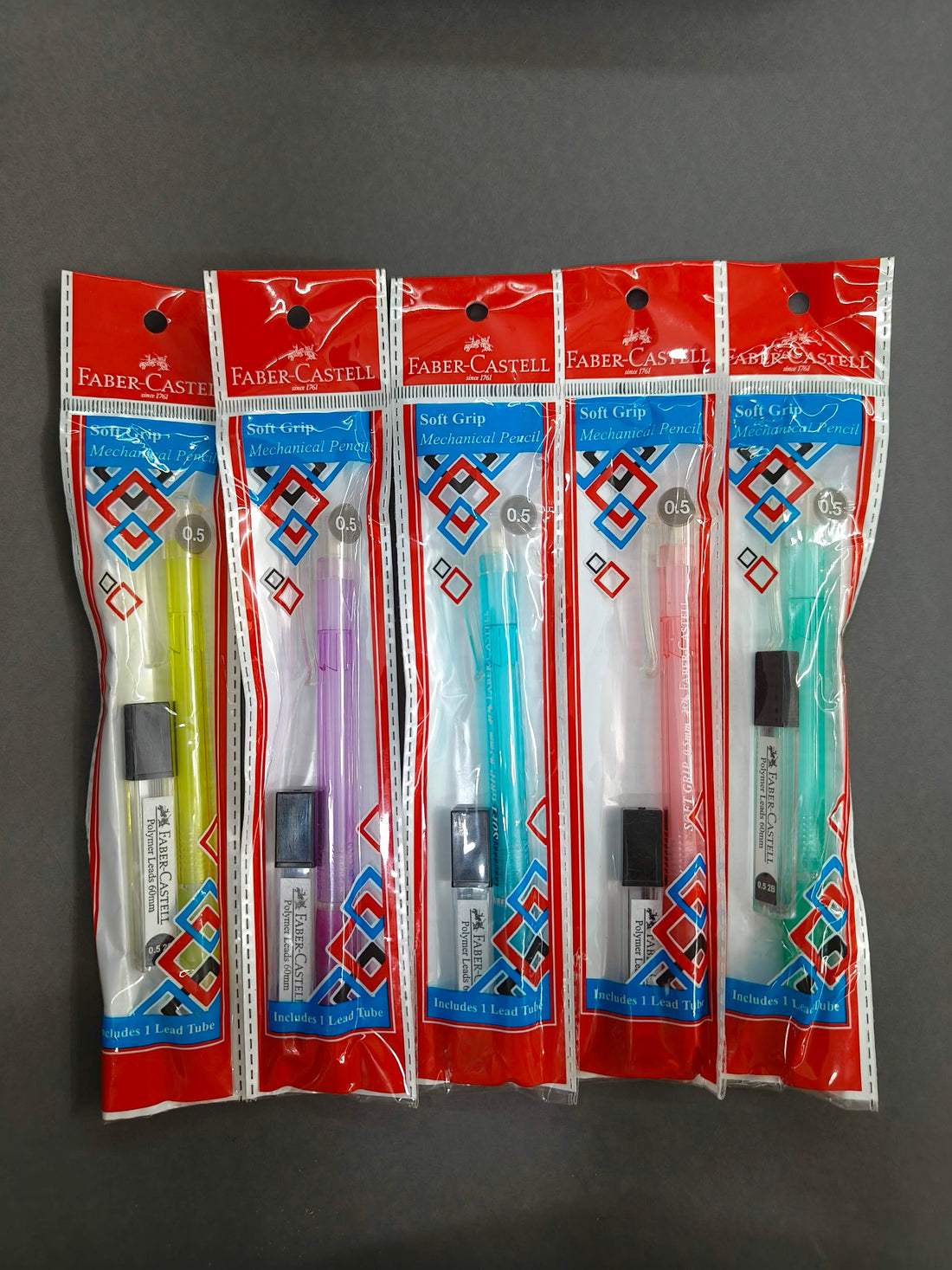 Faber-Castell Soft Grip 0.5 mm Mechanical Pencils | Includes 1 Lead Tube With 5 Leads With Each Black Pencils Pack | Extra Long Twist Eraser | Triangular Barrel For Easy Grip (Assorted Colour)