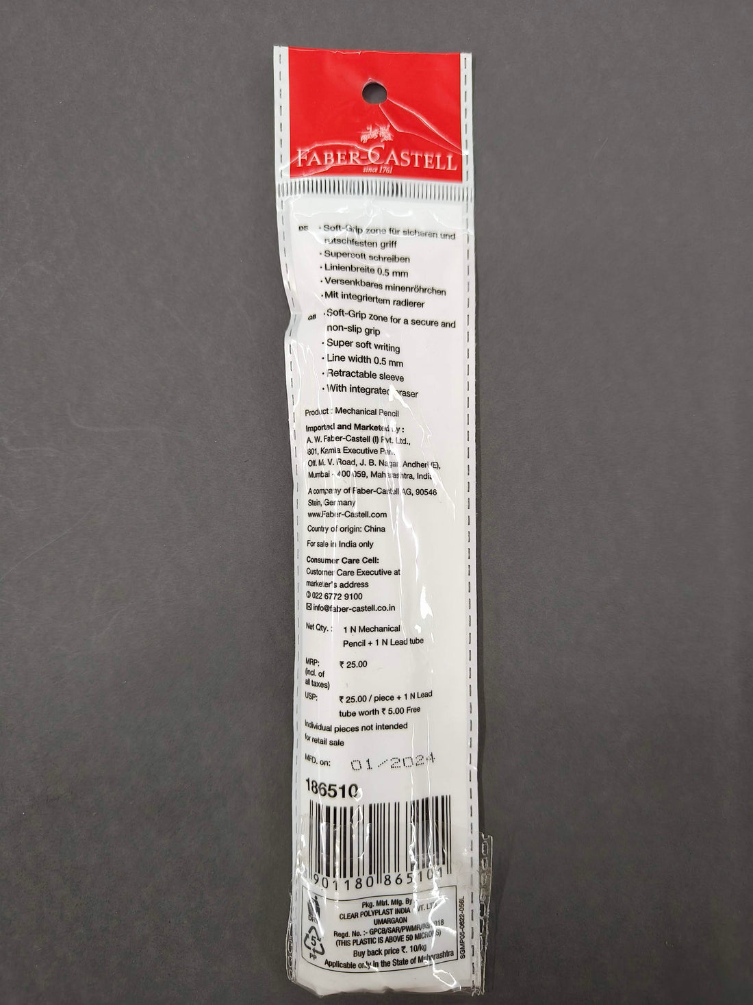 Faber-Castell Soft Grip 0.5 mm Mechanical Pencils | Includes 1 Lead Tube With 5 Leads With Each Black Pencils Pack | Extra Long Twist Eraser | Triangular Barrel For Easy Grip (Assorted Colour)