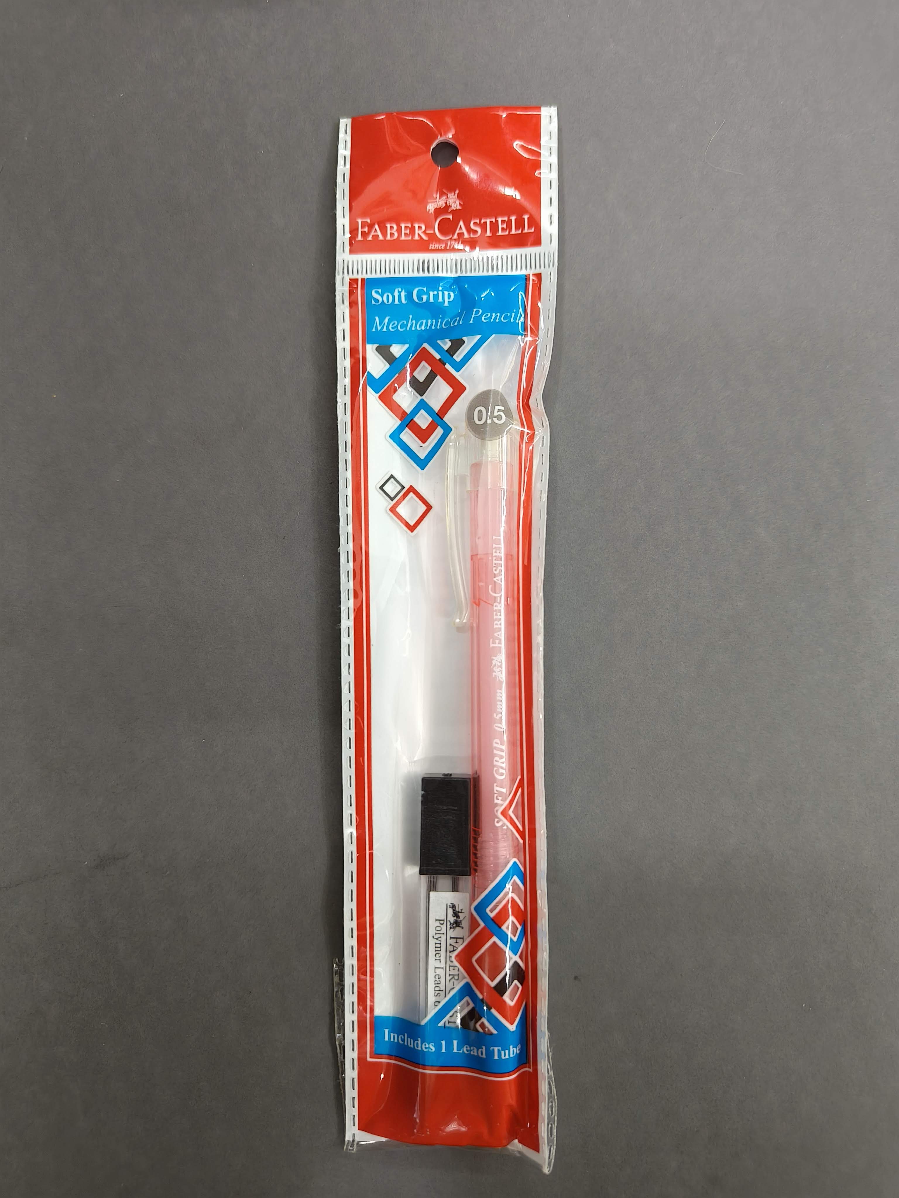 Faber-Castell Soft Grip 0.5 mm Mechanical Pencils | Includes 1 Lead Tube With 5 Leads With Each Black Pencils Pack | Extra Long Twist Eraser | Triangular Barrel For Easy Grip (Assorted Colour)