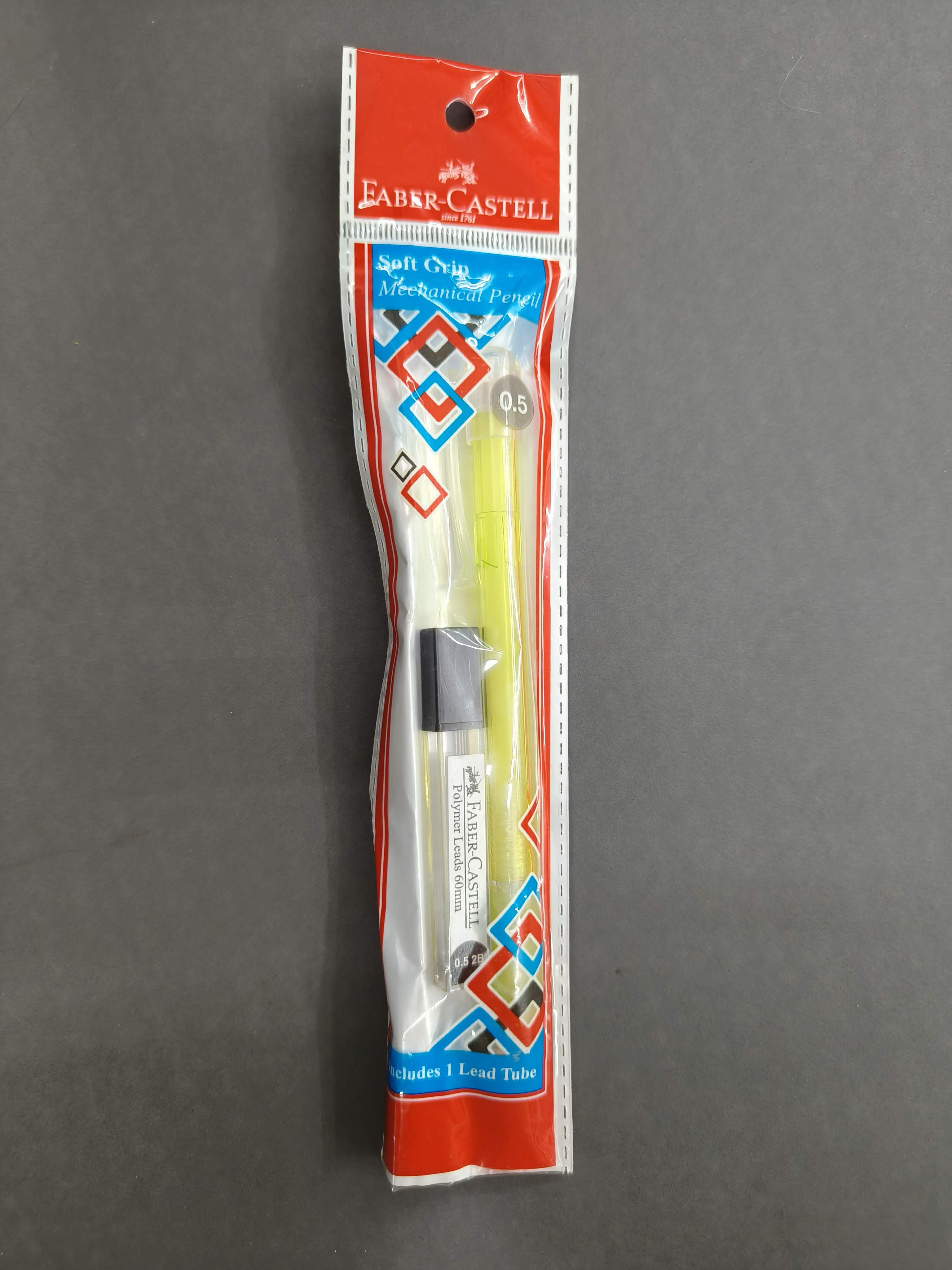 Faber-Castell Soft Grip 0.5 mm Mechanical Pencils | Includes 1 Lead Tube With 5 Leads With Each Black Pencils Pack | Extra Long Twist Eraser | Triangular Barrel For Easy Grip (Assorted Colour)