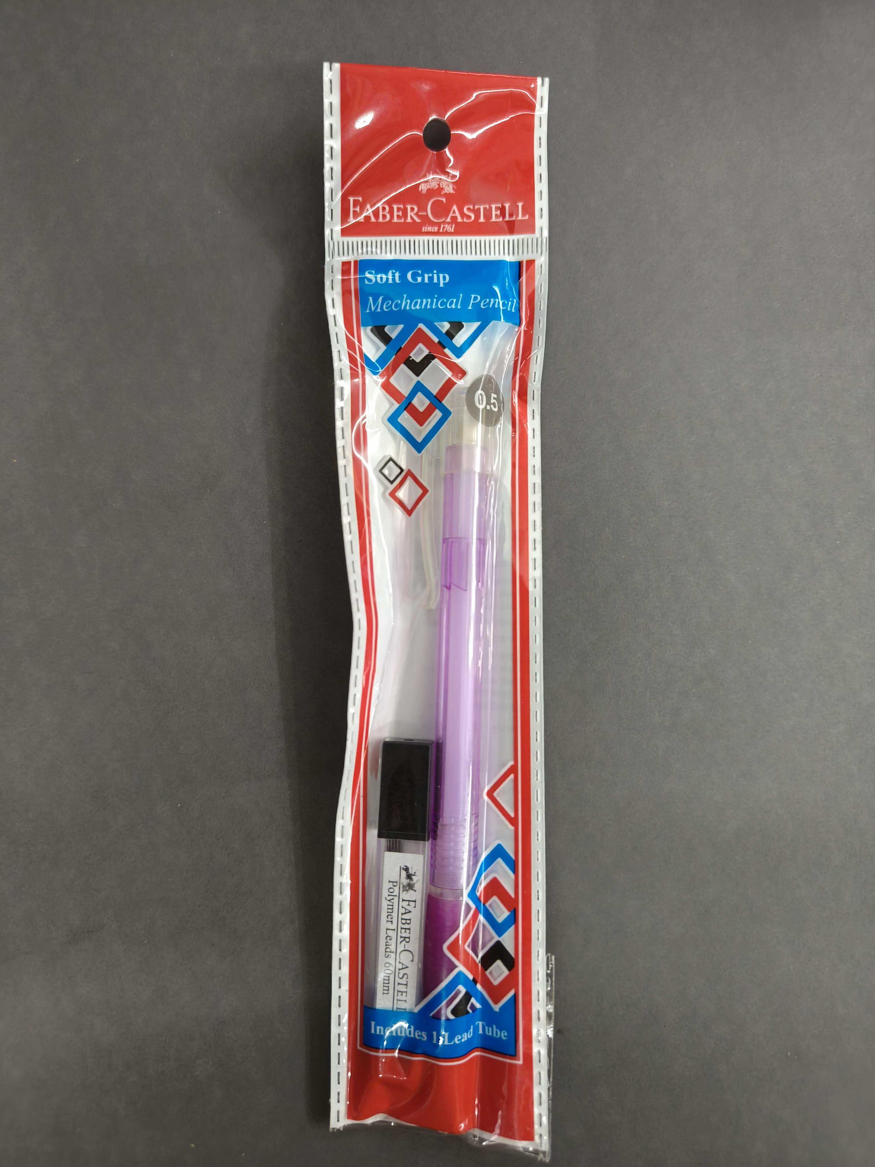 Faber-Castell Soft Grip 0.5 mm Mechanical Pencils | Includes 1 Lead Tube With 5 Leads With Each Black Pencils Pack | Extra Long Twist Eraser | Triangular Barrel For Easy Grip (Assorted Colour)