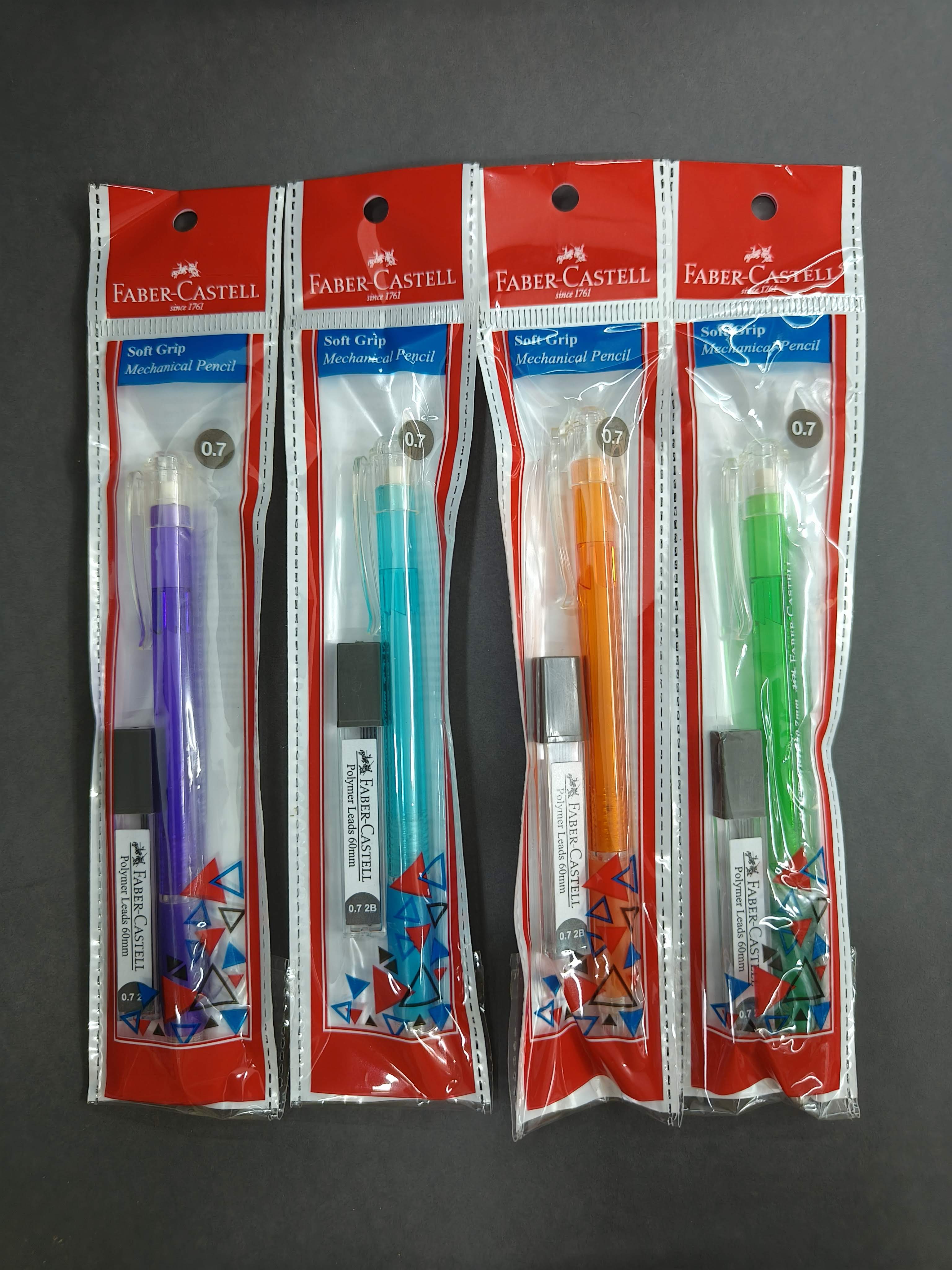 Faber-Castell Soft Grip 0.7 mm Mechanical Pencils | Includes 1 Lead Tube With 5 Leads With Each Black Pencils Pack | Extra Long Twist Eraser | Triangular Barrel For Easy Grip (Assorted Colour)