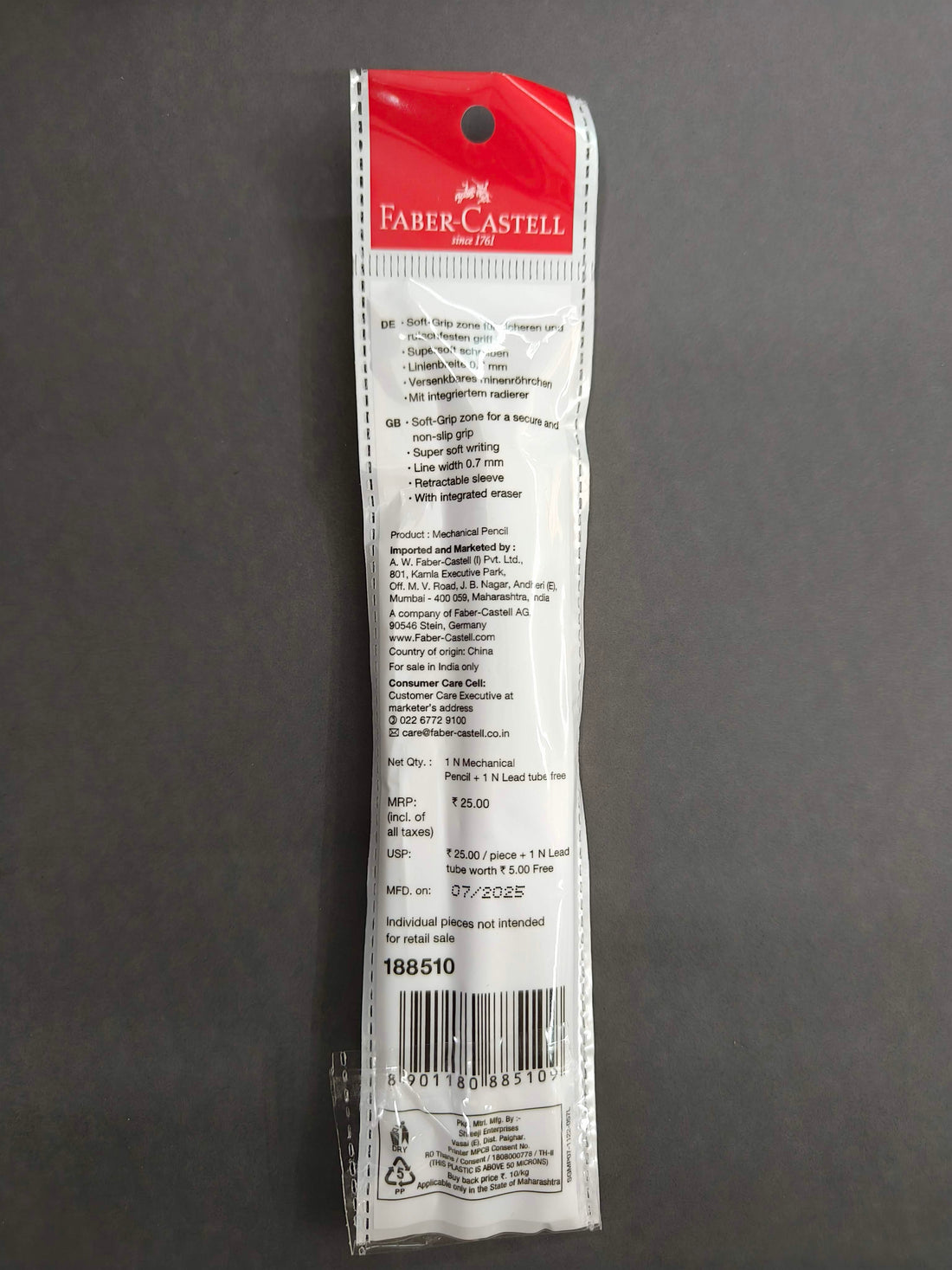 Faber-Castell Soft Grip 0.7 mm Mechanical Pencils | Includes 1 Lead Tube With 5 Leads With Each Black Pencils Pack | Extra Long Twist Eraser | Triangular Barrel For Easy Grip (Assorted Colour)