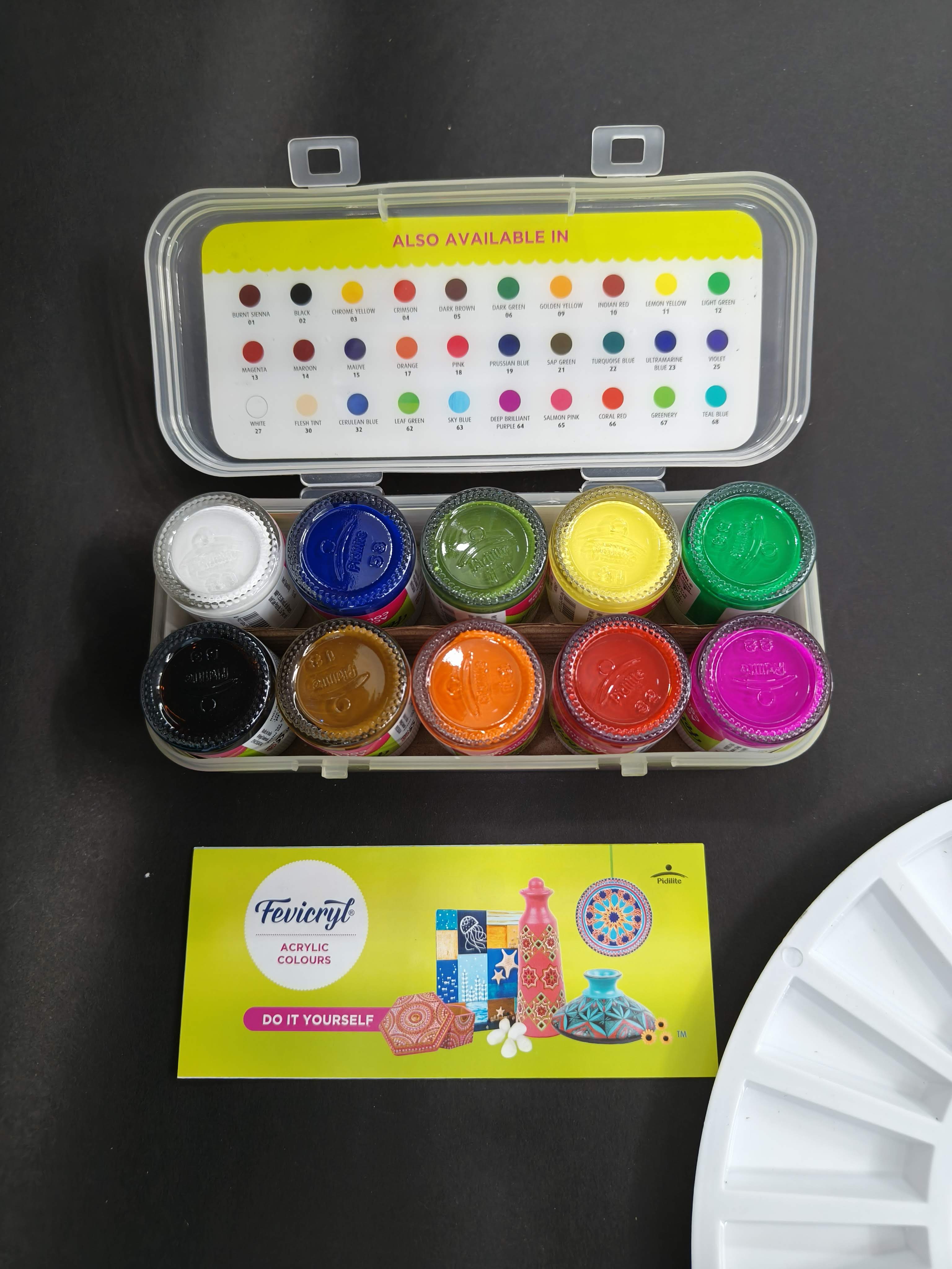 Fevicryl Acrylic Colours Kit | 10 Colours x 15 ml | DIY Paint, Rich Pigment | Multicolour & Multi-surface | Non-Cracking Paint for Canvas, Wood, Leather, Earthenware, Metal