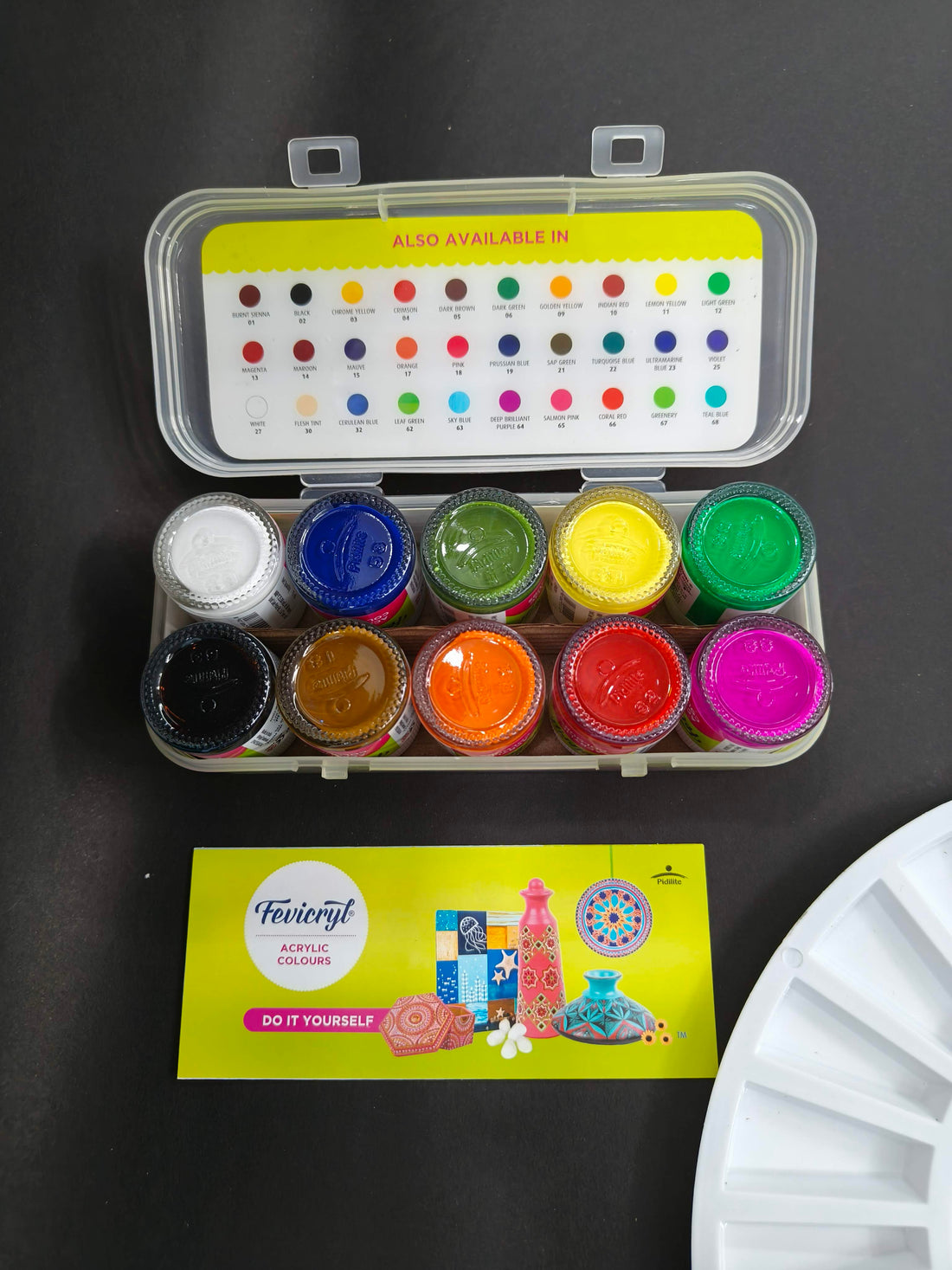 Fevicryl Acrylic Colours Kit | 10 Colours x 15 ml | DIY Paint, Rich Pigment | Multicolour & Multi-surface | Non-Cracking Paint for Canvas, Wood, Leather, Earthenware, Metal
