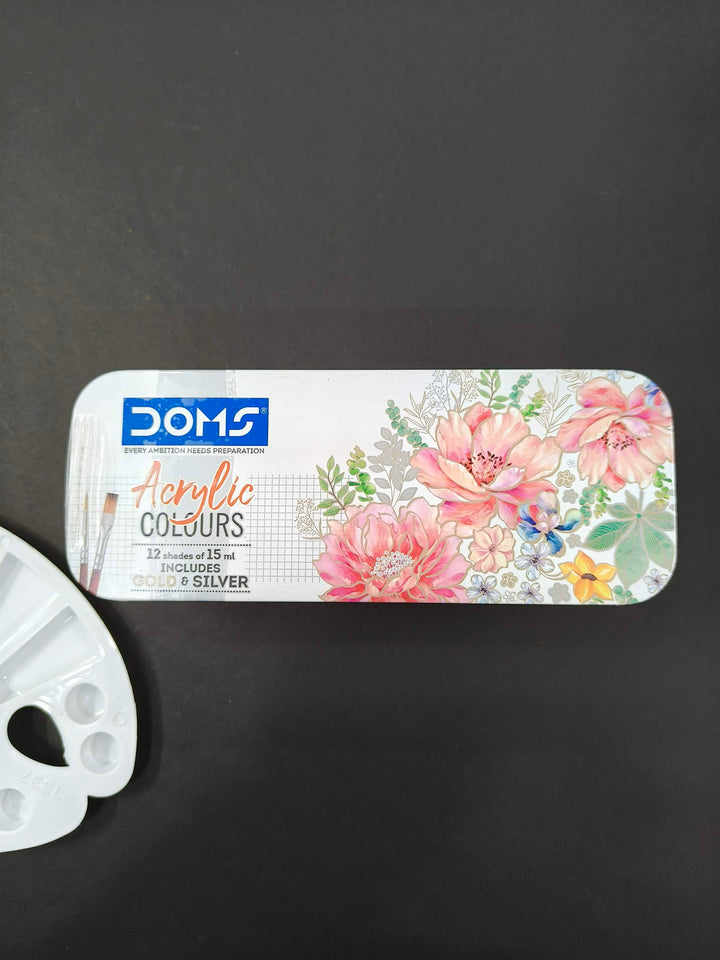 Doms Acrylic Colours 12 Shades Kit 15ml | Includes Gold & Silver with 2 Brushes Included in The Box | DIY Paint Rich Pigment Paint for Canvas Wood Metal