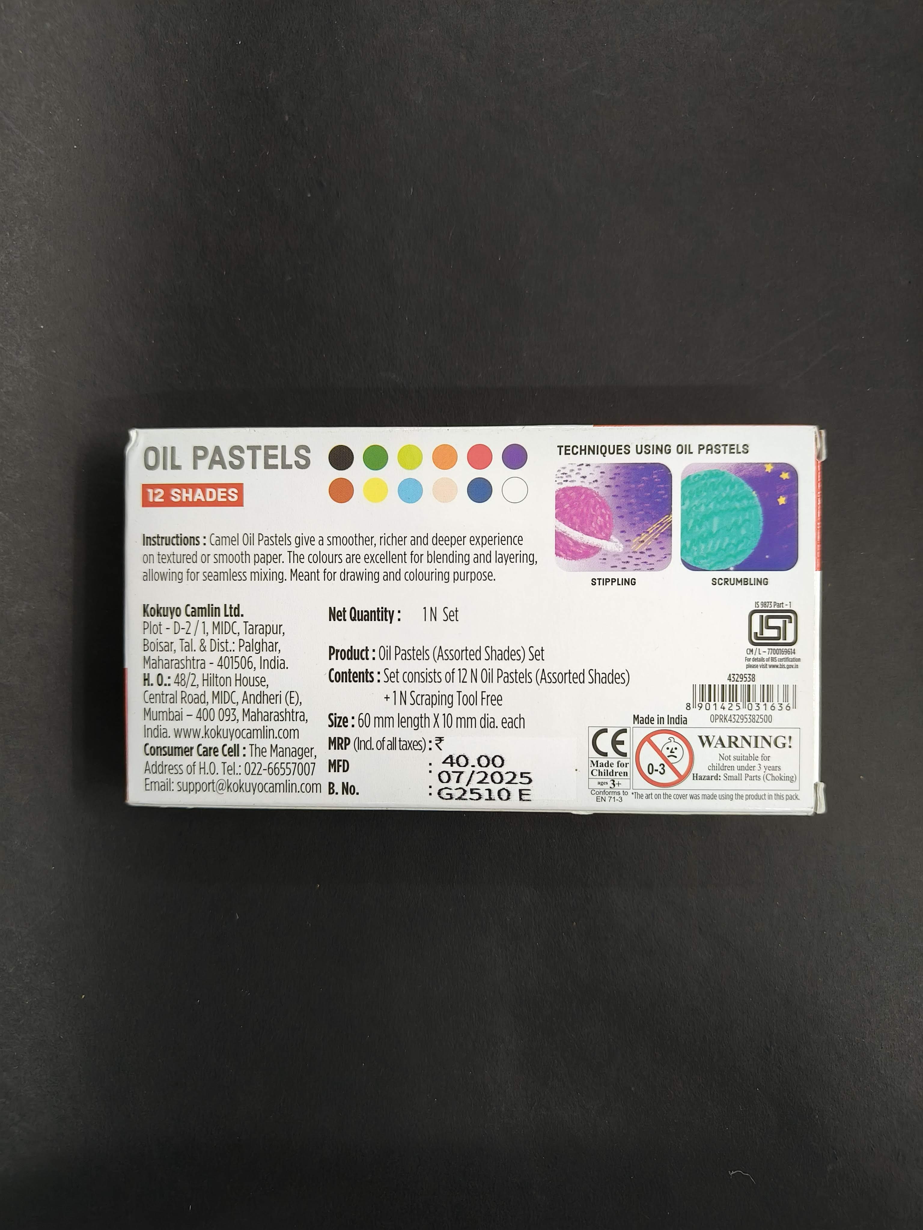 Camel Oil Pastels – 12 Shades in Cardboard Box | Smooth Blending & Rich Pigments | Non-Toxic Colour Crayons for School, Art, and Professional Use | Bright & Long-Lasting Drawing Pastels Set