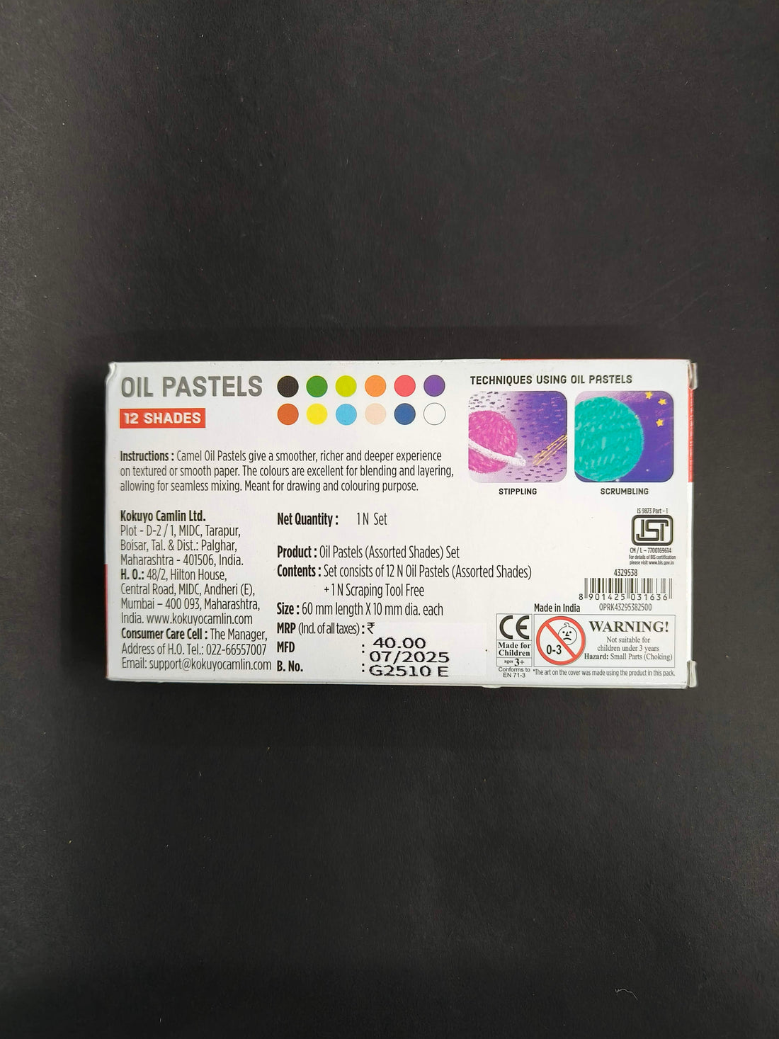 Camel Oil Pastels – 12 Shades in Cardboard Box | Smooth Blending & Rich Pigments | Non-Toxic Colour Crayons for School, Art, and Professional Use | Bright & Long-Lasting Drawing Pastels Set