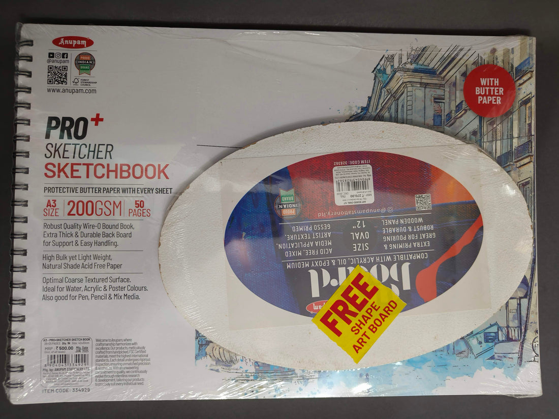 Anupam Pro Sketcher Drawing Book with Butter Paper Pages A3 Size Spiral-Bound Sketchpad 200 GSM for Artists, Kids & Professionals (25 Sheets, 50 Pages)