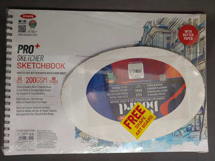 Anupam Pro Sketcher Drawing Book with Butter Paper Pages A3 Size Spiral-Bound Sketchpad 200 GSM for Artists, Kids & Professionals (25 Sheets, 50 Pages)