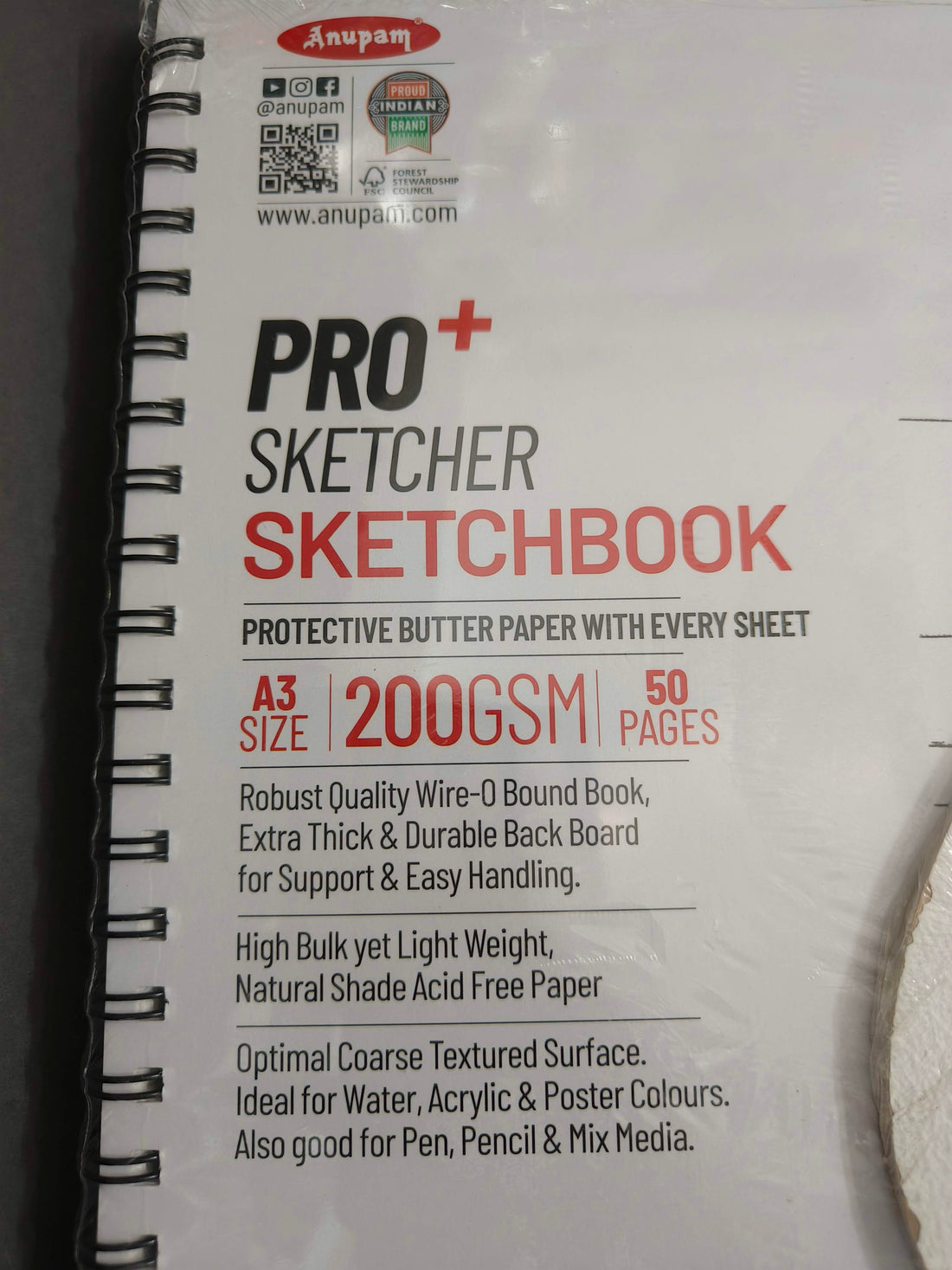 Anupam Pro Sketcher Drawing Book with Butter Paper Pages A3 Size Spiral-Bound Sketchpad 200 GSM for Artists, Kids & Professionals (25 Sheets, 50 Pages)