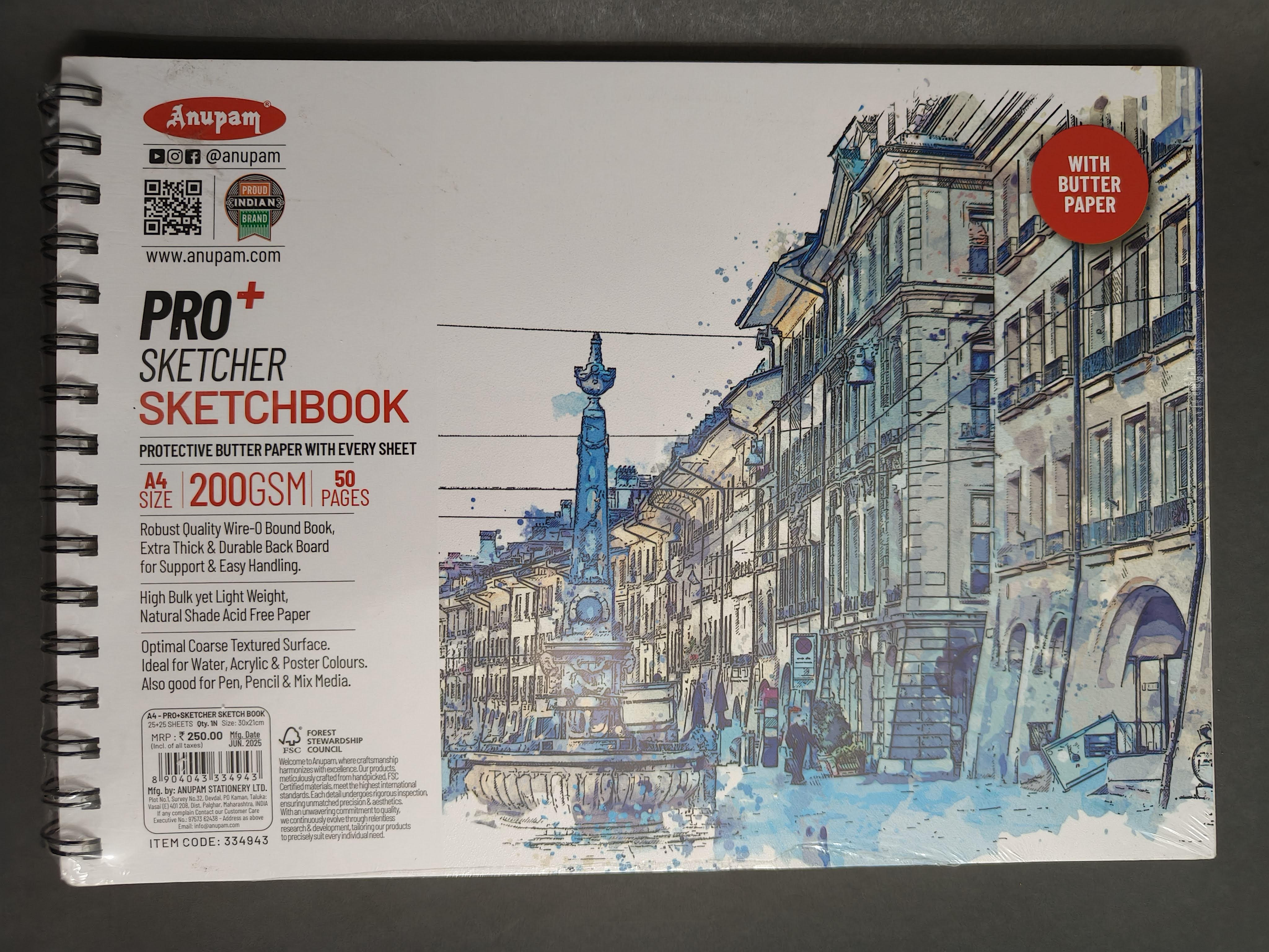 Anupam Pro Sketcher Drawing Book with Butter Paper Pages A4 Size Spiral-Bound Sketchpad 200 GSM for Artists, Kids & Professionals (25 Sheets, 50 Pages)