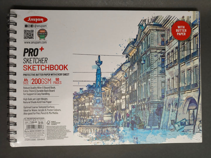 Anupam Pro Sketcher Drawing Book with Butter Paper Pages A4 Size Spiral-Bound Sketchpad 200 GSM for Artists, Kids & Professionals (25 Sheets, 50 Pages)