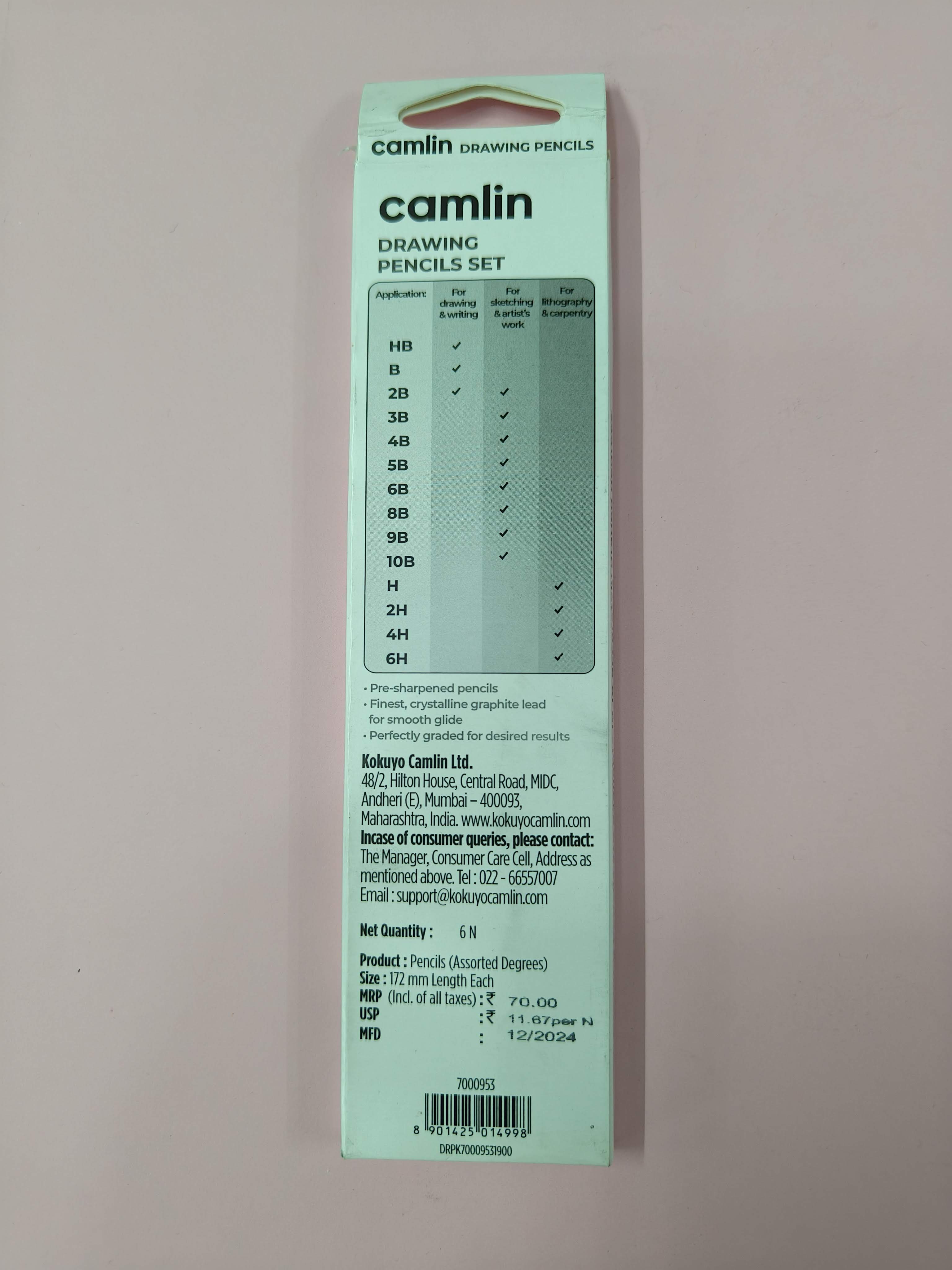 Camlin Kokuyo Drawing Pencils Set, Assorted, Pack of 6 | HB, 2B, 4B, 6B, 8B, 10B