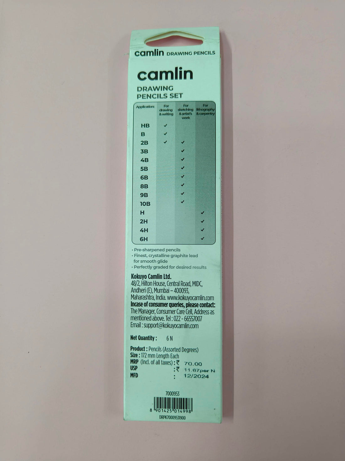 Camlin Kokuyo Drawing Pencils Set, Assorted, Pack of 6 | HB, 2B, 4B, 6B, 8B, 10B