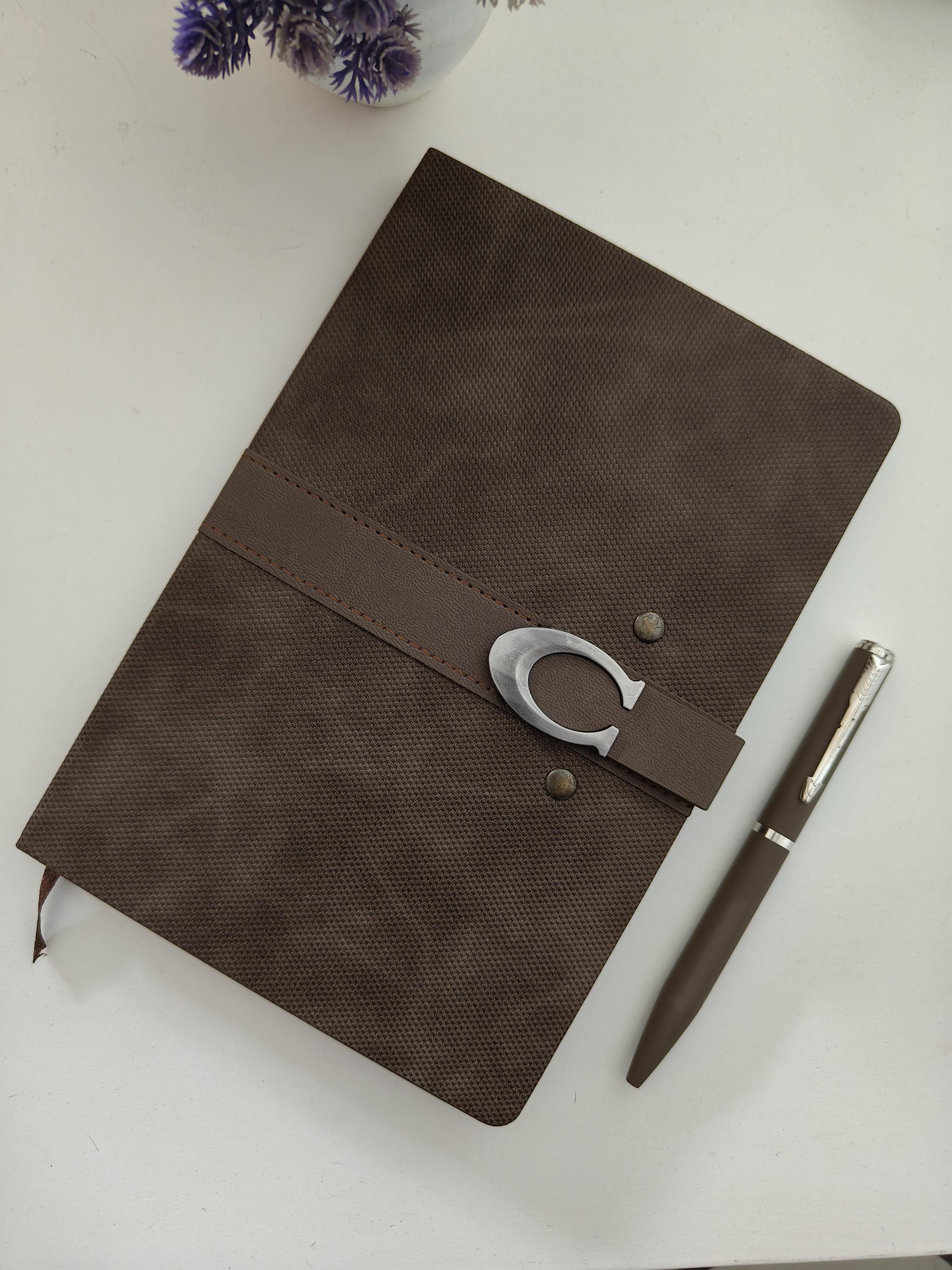 Magnetic Leather Notebook Gift Set with Metal Pen, Brown | Customizable Name on Diary and Pen