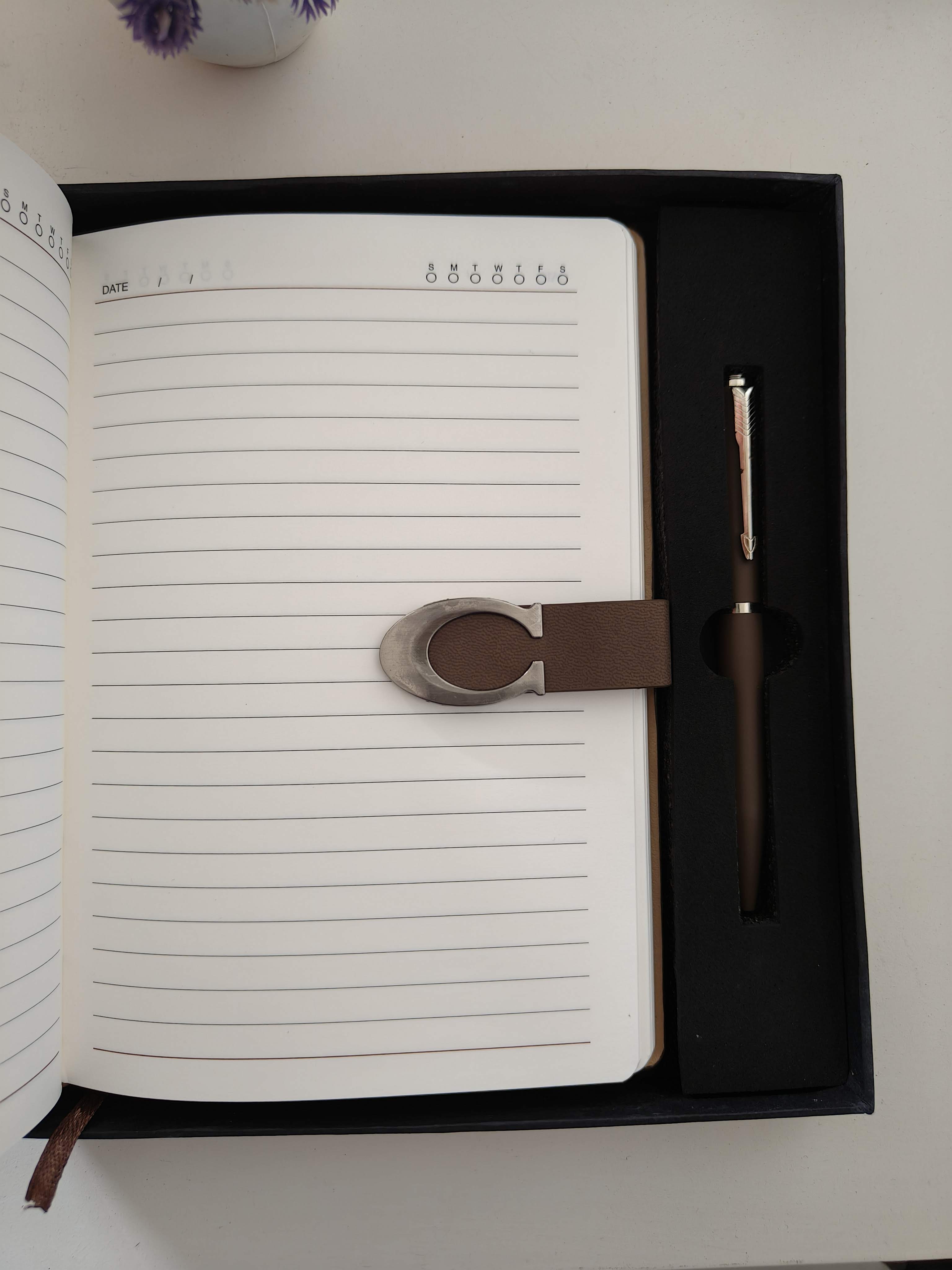 Magnetic Leather Notebook Gift Set with Metal Pen, Brown | Customizable Name on Diary and Pen