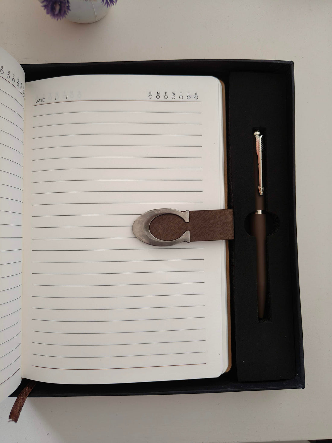 Magnetic Leather Notebook Gift Set with Metal Pen, Brown | Customizable Name on Diary and Pen