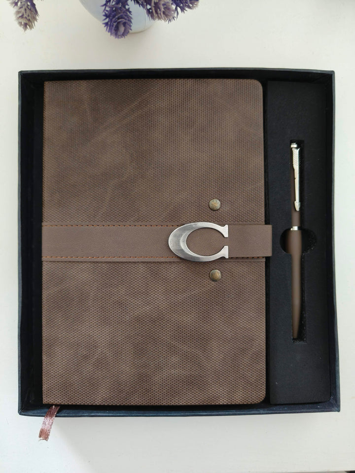 Magnetic Leather Notebook Gift Set with Metal Pen, Brown | Customizable Name on Diary and Pen
