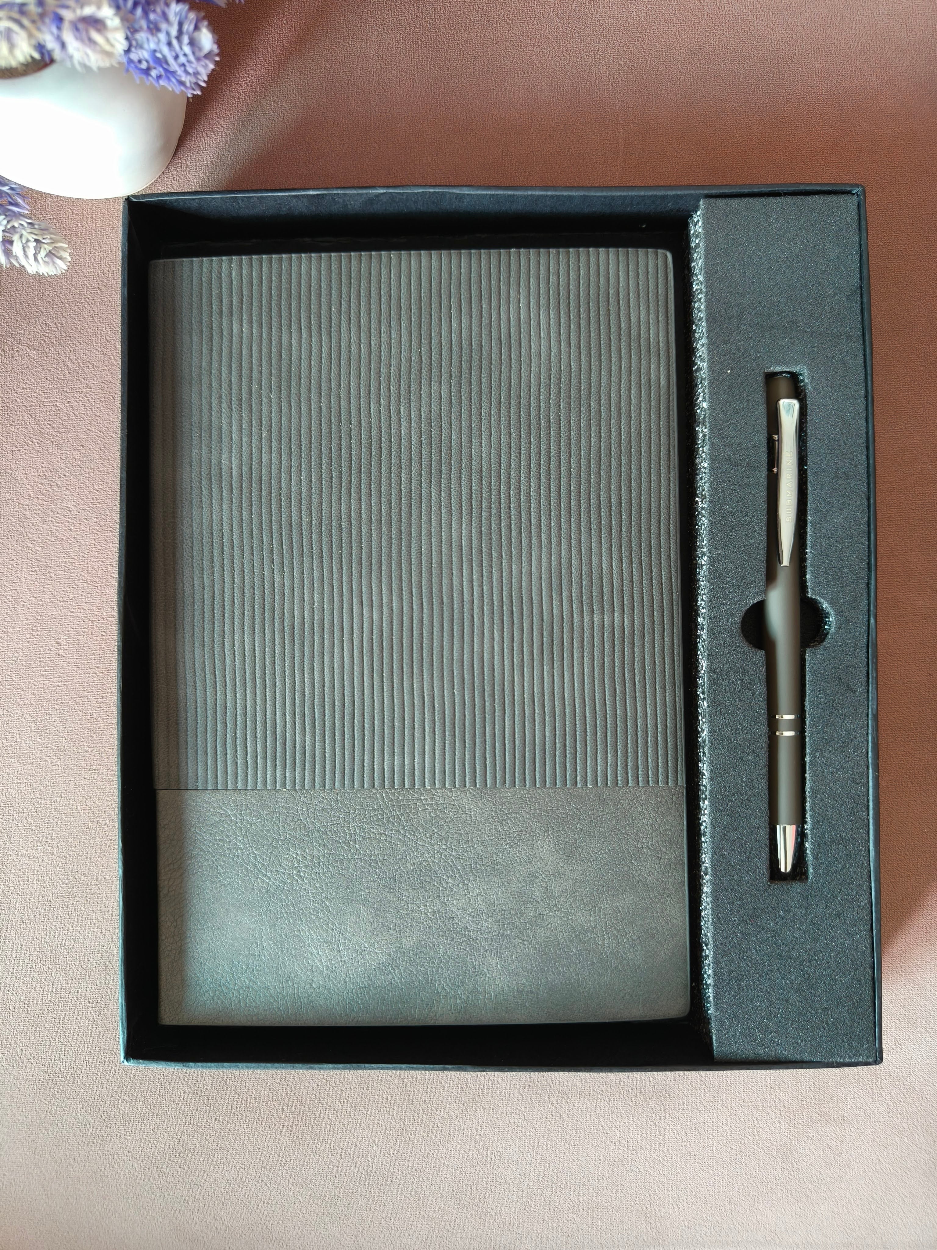 Leather Diary and Metal Pen Gift Set | Personalized of Diary and Metal Pen | Gift Set for Birthday, Office and Family (Grey)