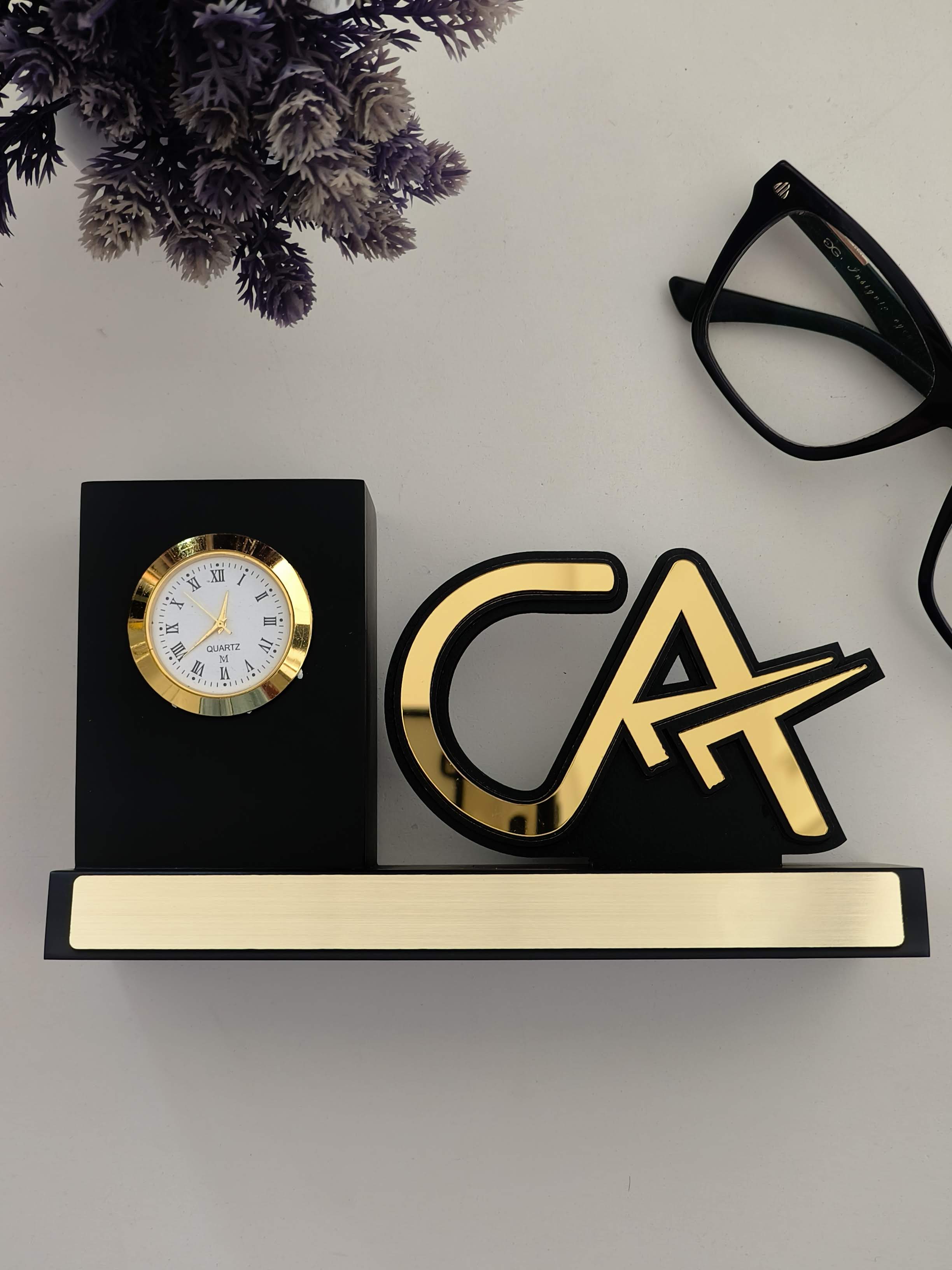 CA Personalized Pen Stand with Name & Clock | Customized Chartered Accountant Desk Organizer | Gift for Professional CA & Interns