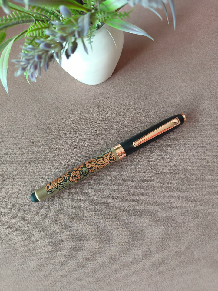 Laser Cut Golden Flower Finish With Magnet Cap | Auto Closer Metal Body With Golden Clip & Trims | Gift Set for Men & Women | Executives Collection | Customised Pen