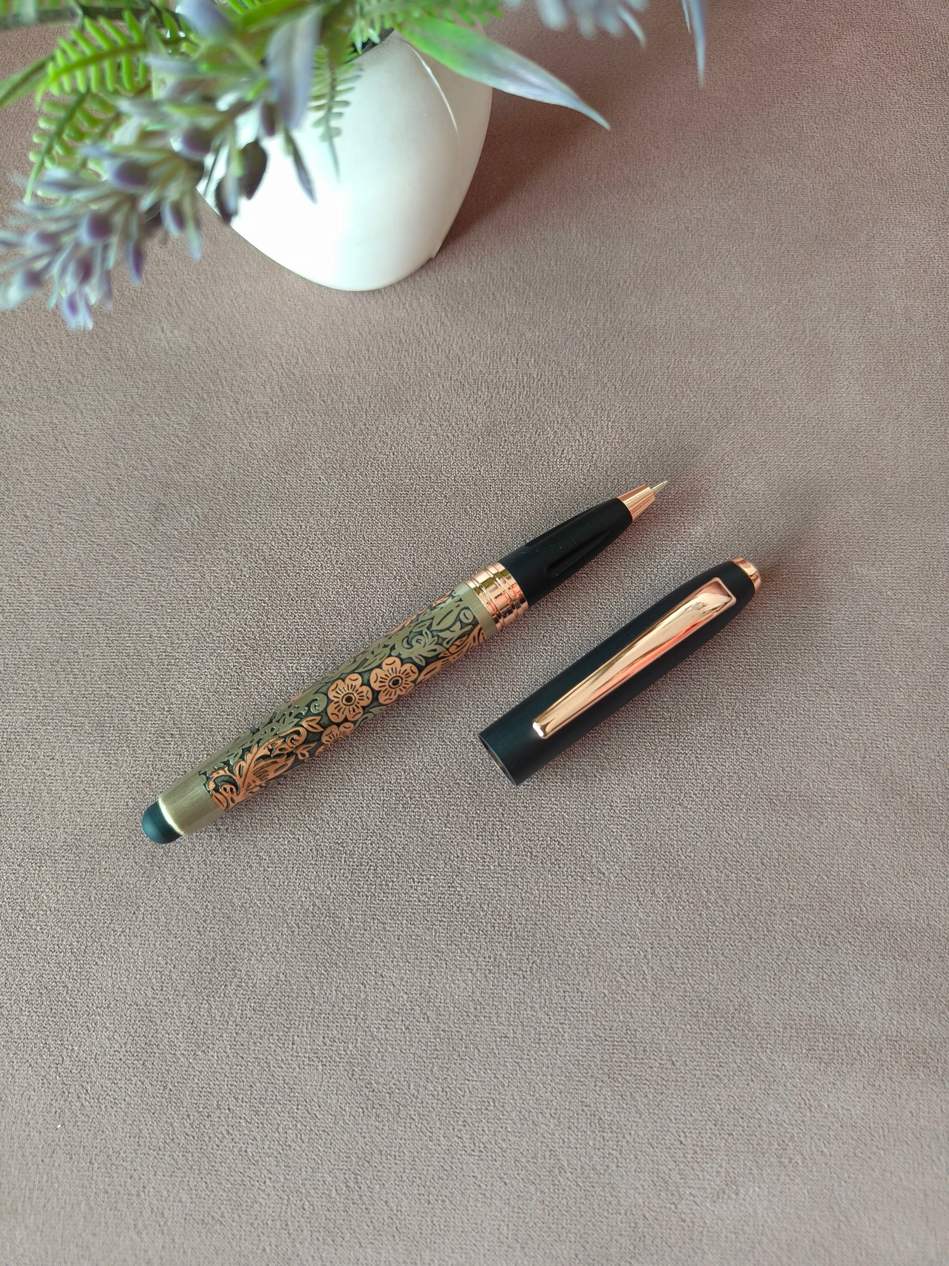 Laser Cut Golden Flower Finish With Magnet Cap | Auto Closer Metal Body With Golden Clip & Trims | Gift Set for Men & Women | Executives Collection | Customised Pen