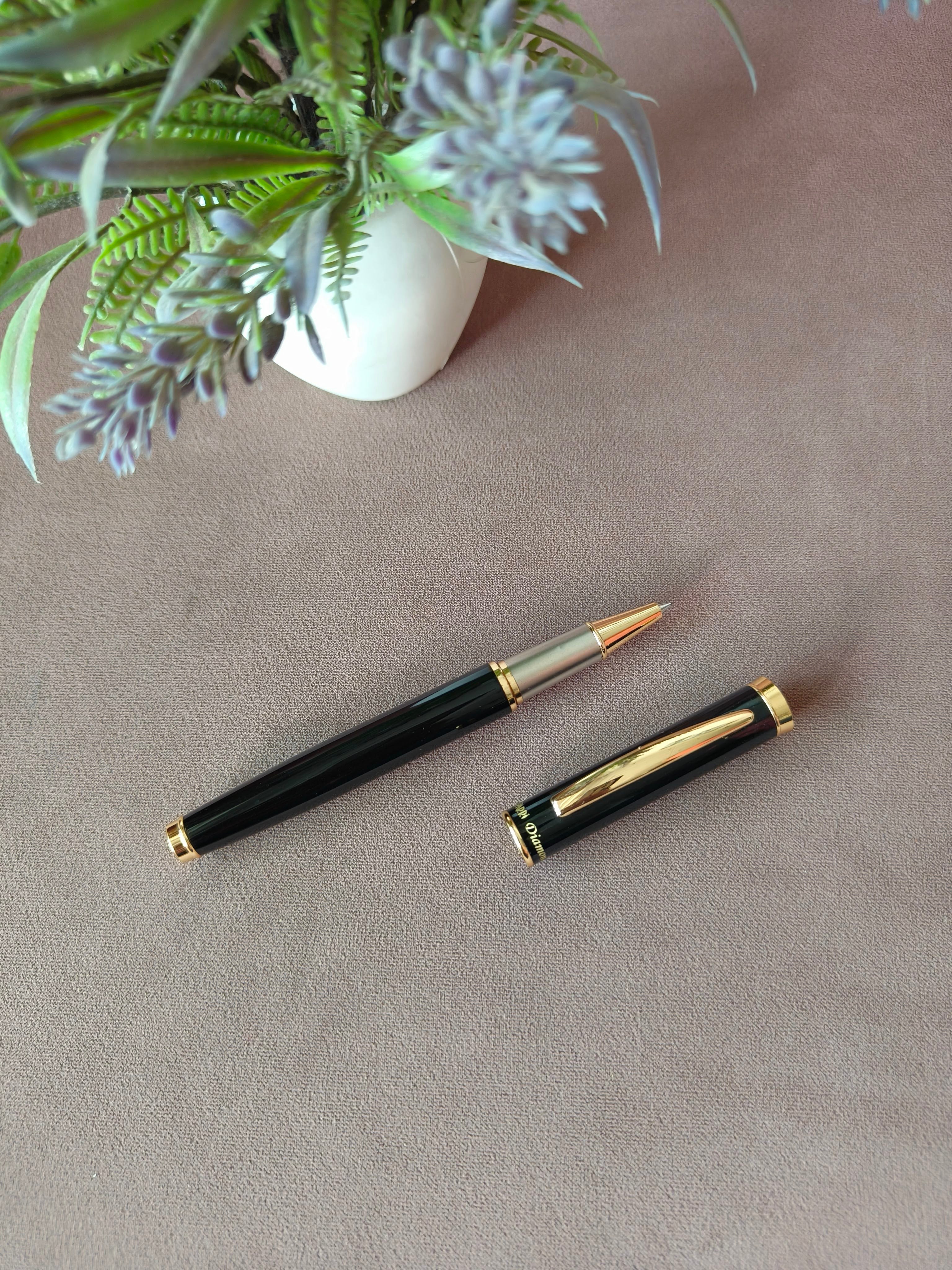 Executive Black Roller Pen with Gold Trim | Luxurious and Professional | Ideal for Office, College, and Personal Use | Customised Gifting | Signature Pen with Diamond Studded Cap