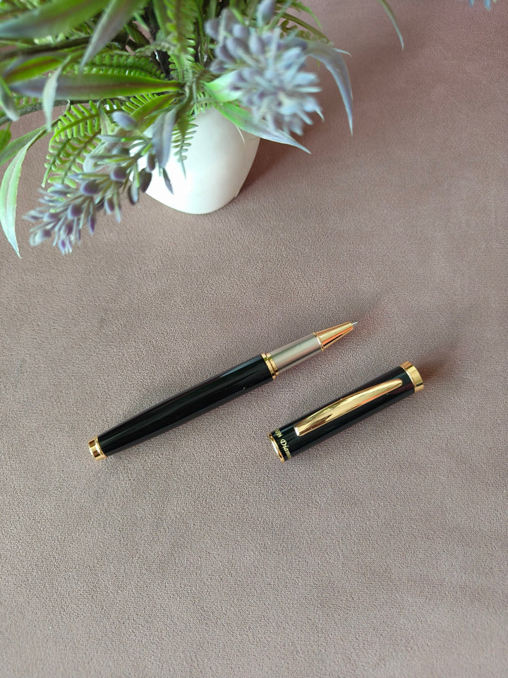 Executive Black Roller Pen with Gold Trim | Luxurious and Professional | Ideal for Office, College, and Personal Use | Customised Gifting | Signature Pen with Diamond Studded Cap